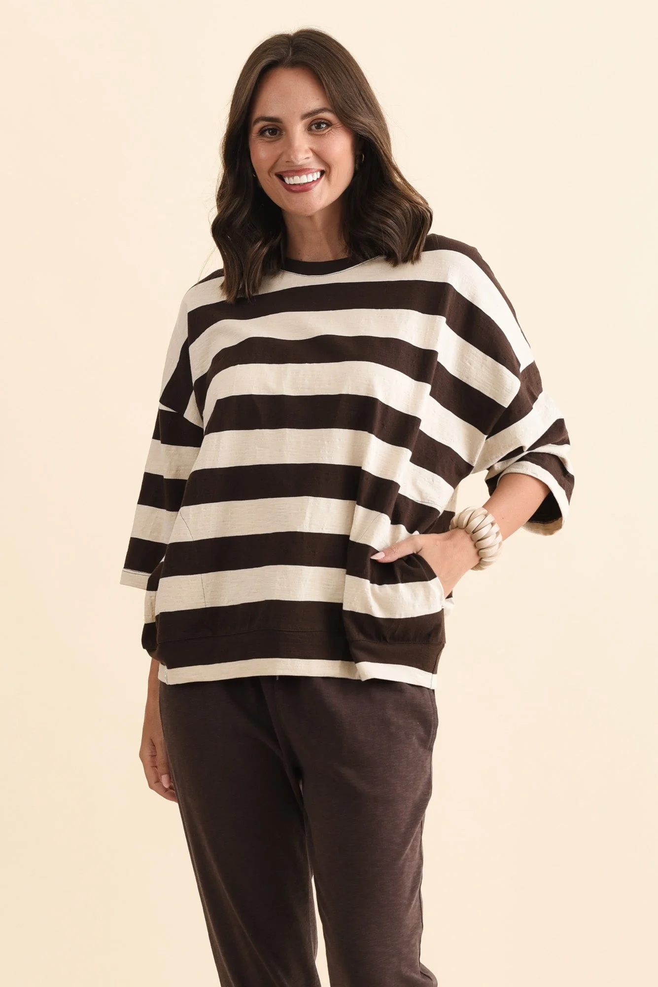 Mazie Dark Brown Stripe Cotton Sweat - Image 2