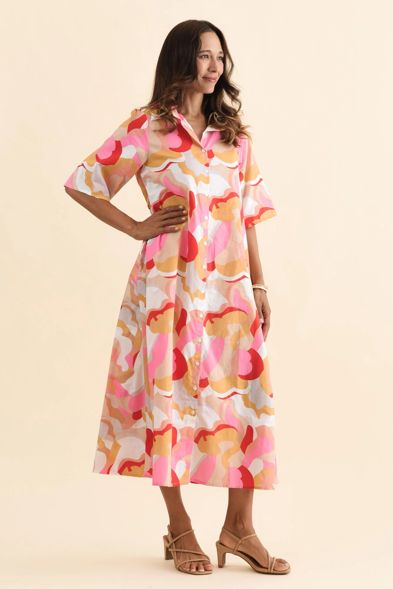 Meda Beige Floral Cotton Tie Dress - Image 3
