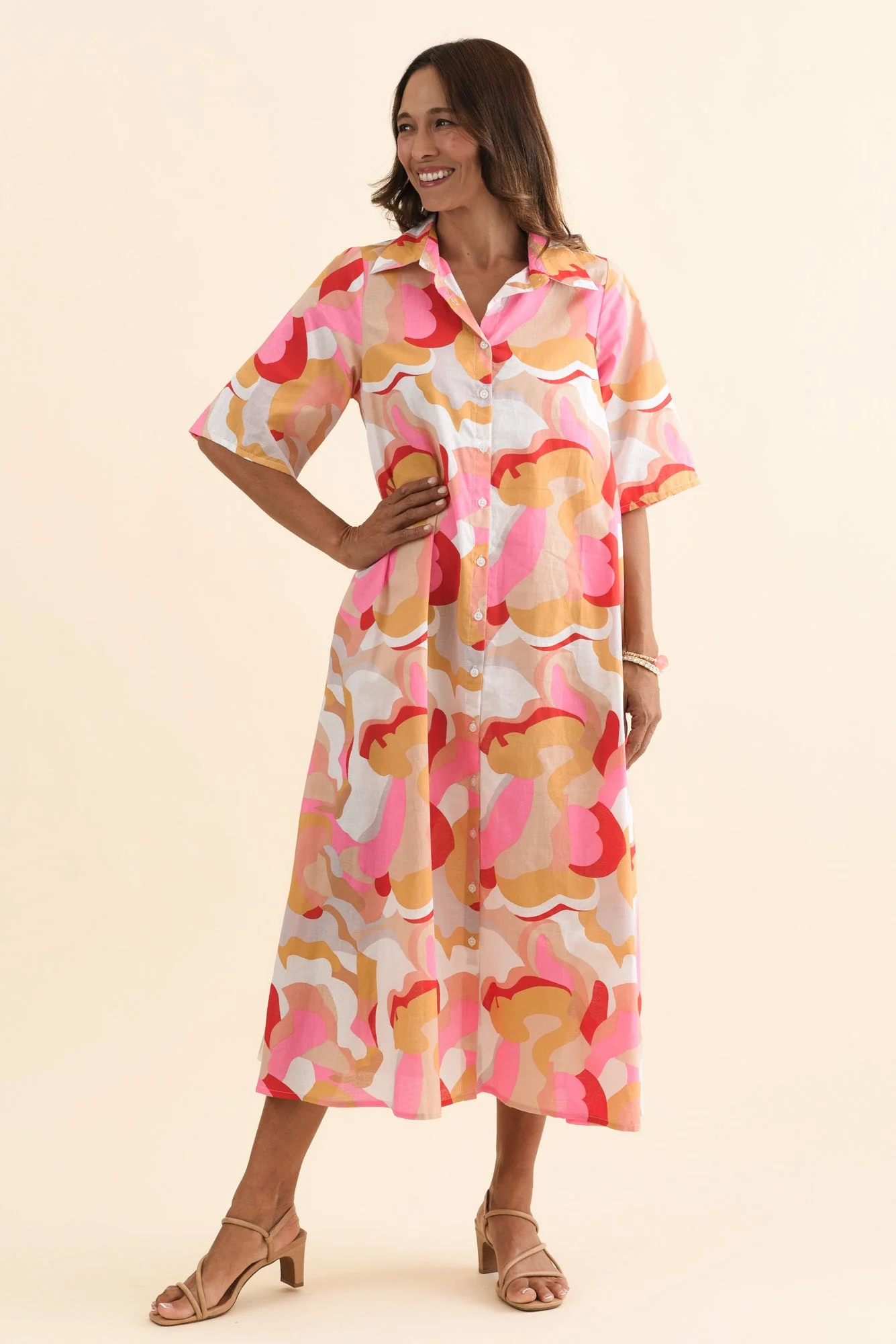 Meda Beige Floral Cotton Tie Dress - Image 6