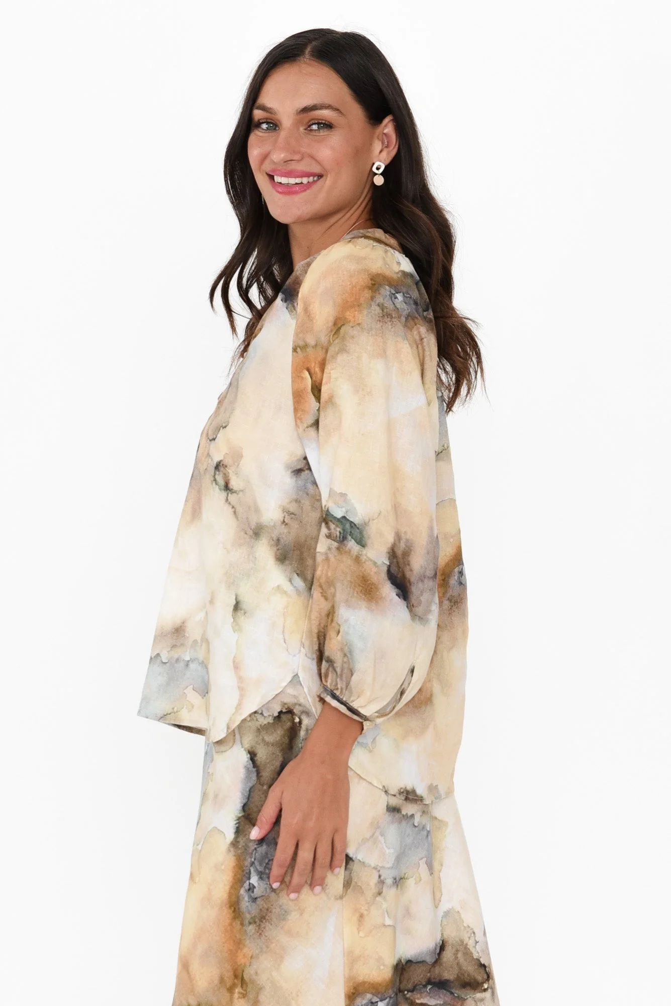 Meru Beige Marble Linen Button Blouse - Image 3