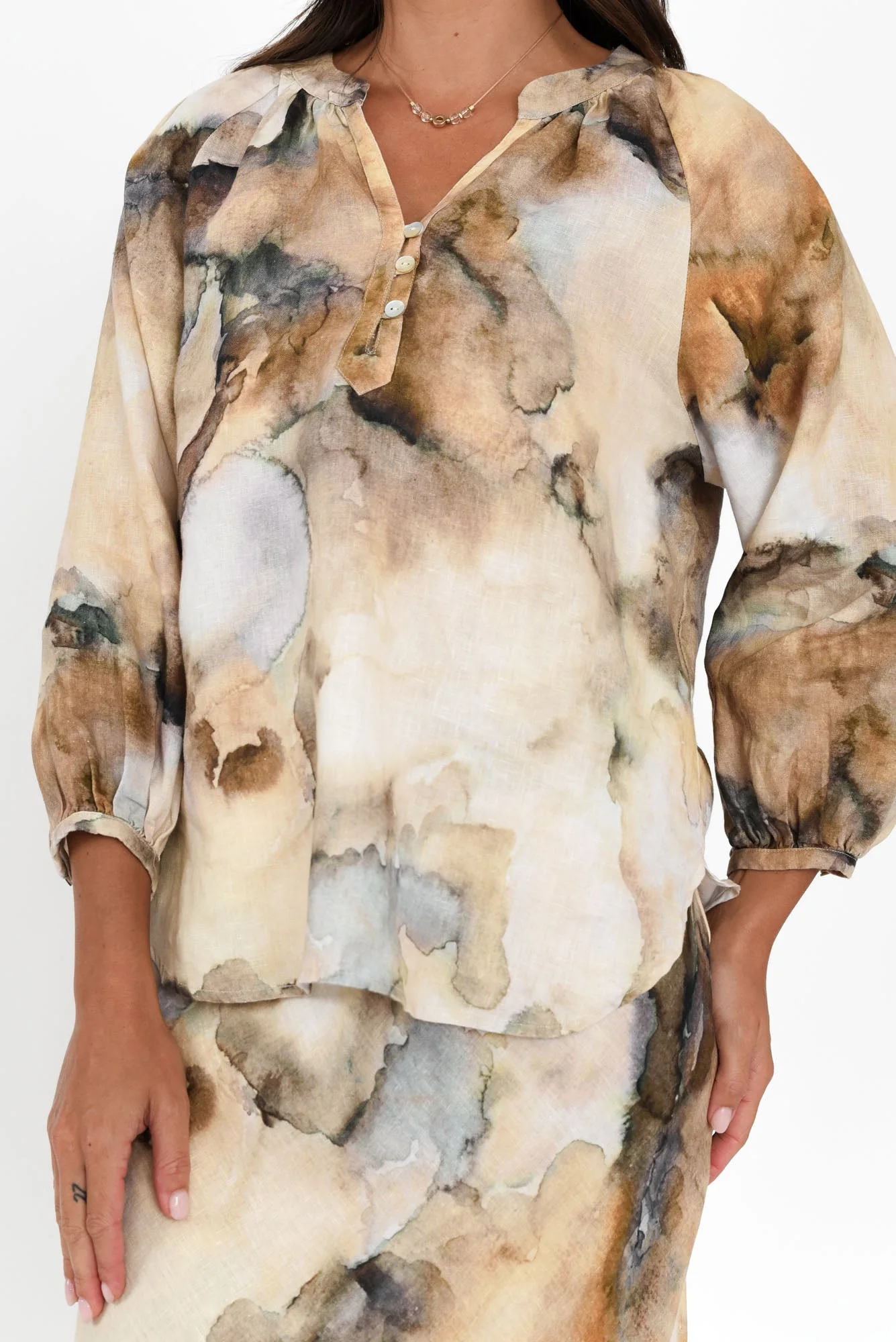 Meru Beige Marble Linen Button Blouse - Image 5