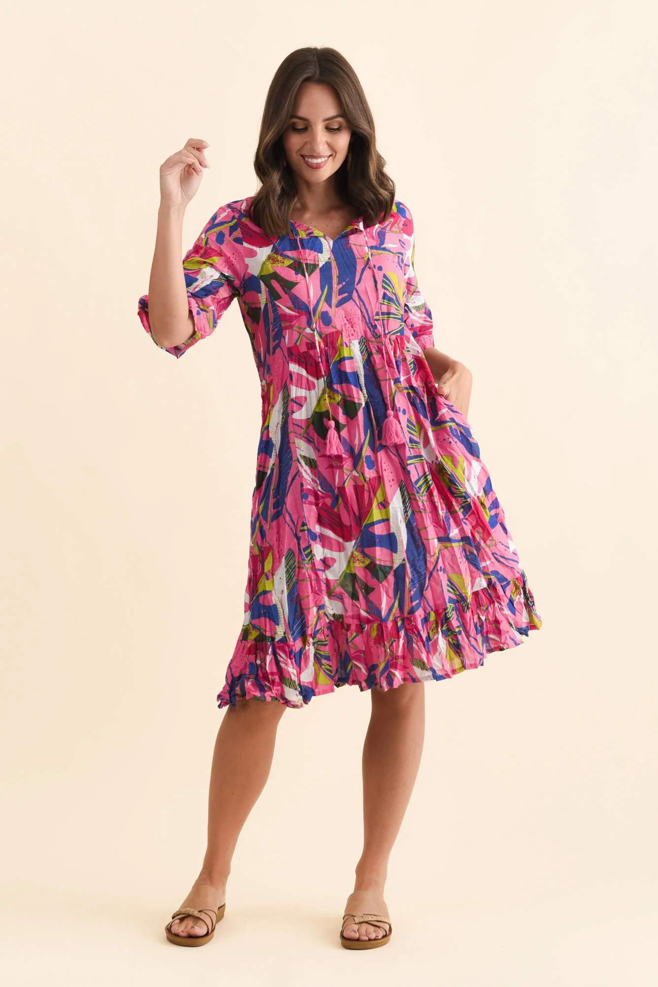 Mila Fuchsia Leaf Crinkle Cotton Dress - Image 2