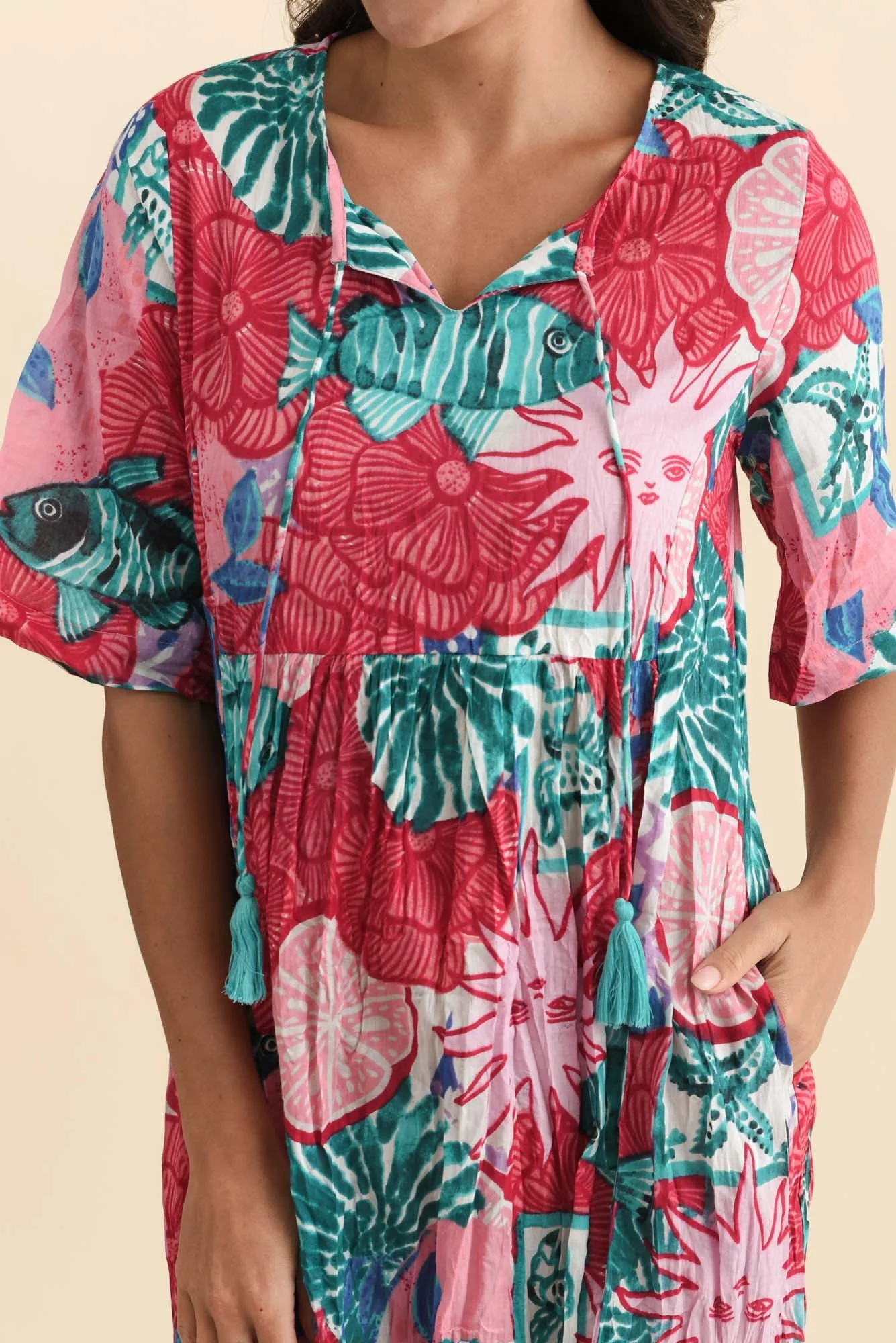 Mila Pink Abstract Crinkle Cotton Dress - Image 5