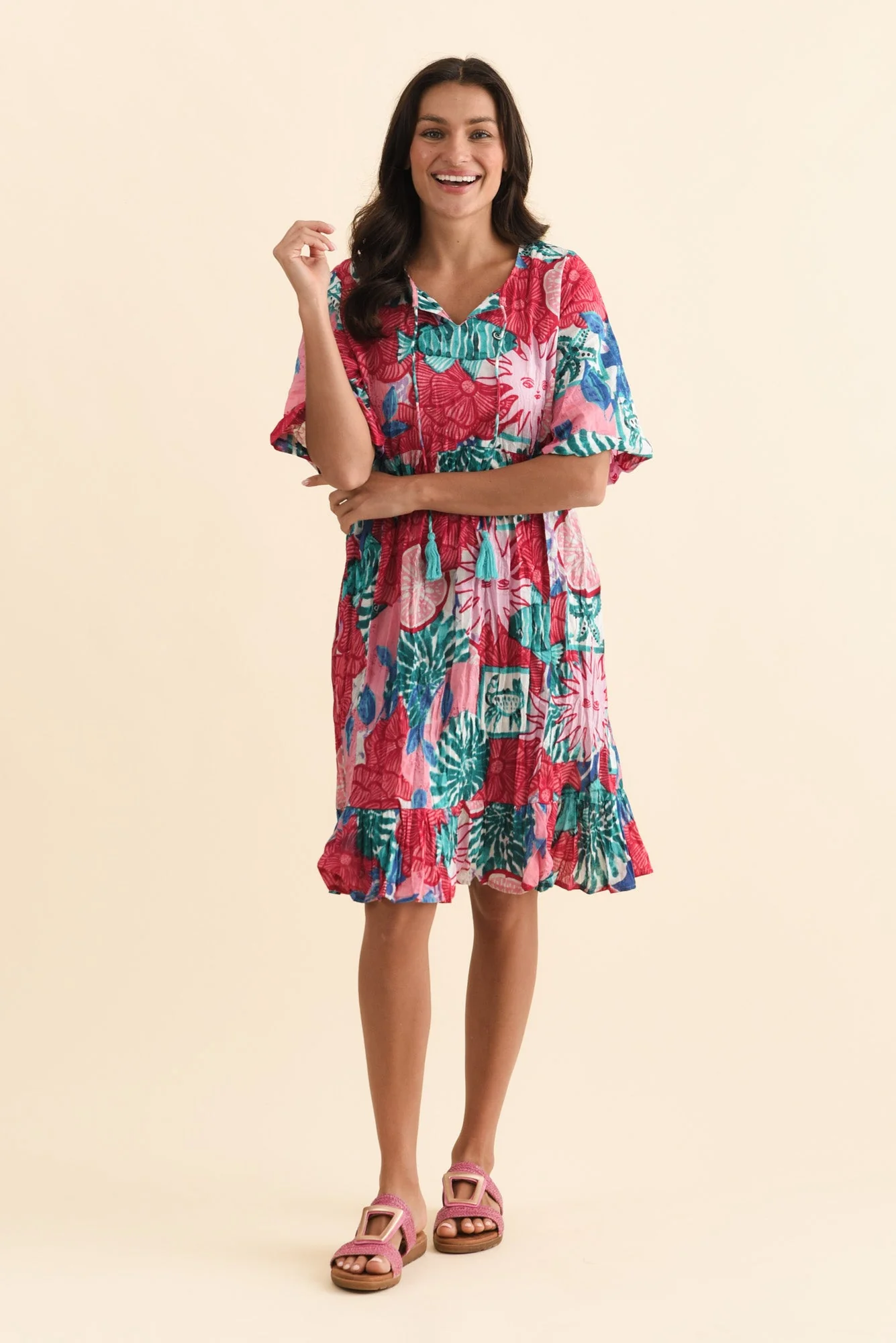 Mila Pink Abstract Crinkle Cotton Dress - Image 6