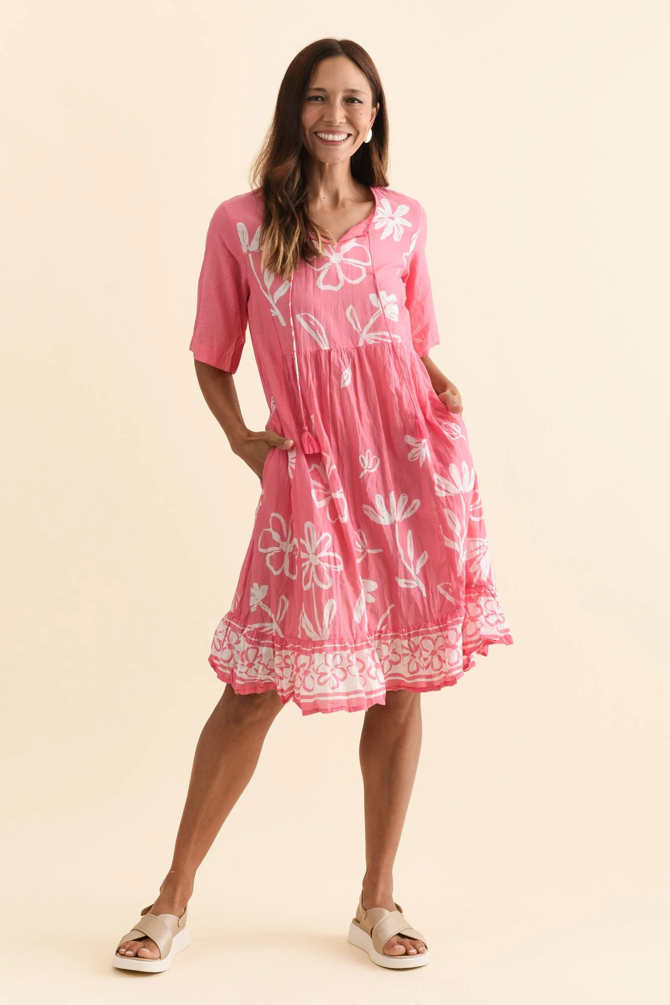 Mila Pink Flower Crinkle Cotton Dress - Image 2