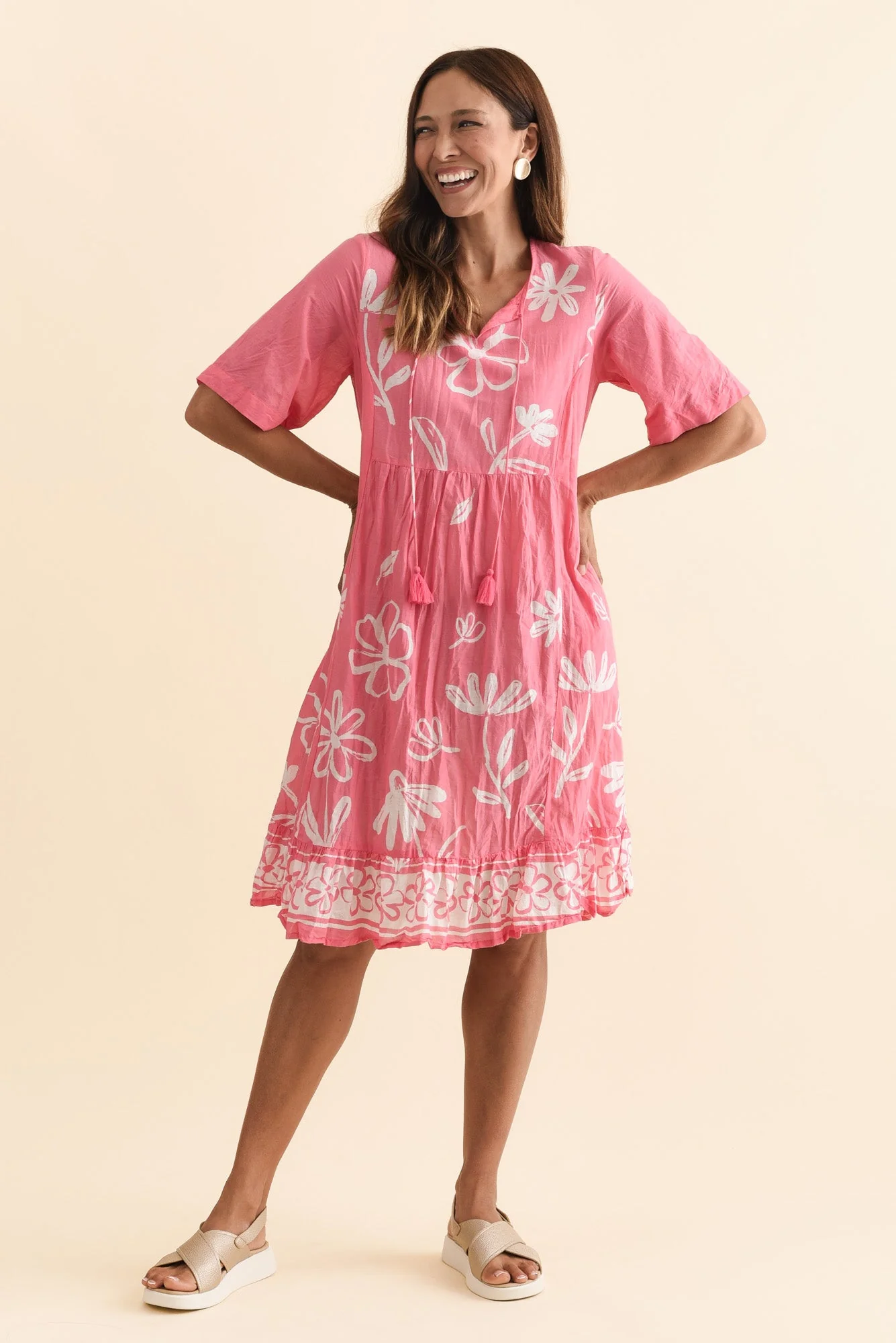 Mila Pink Flower Crinkle Cotton Dress - Image 6