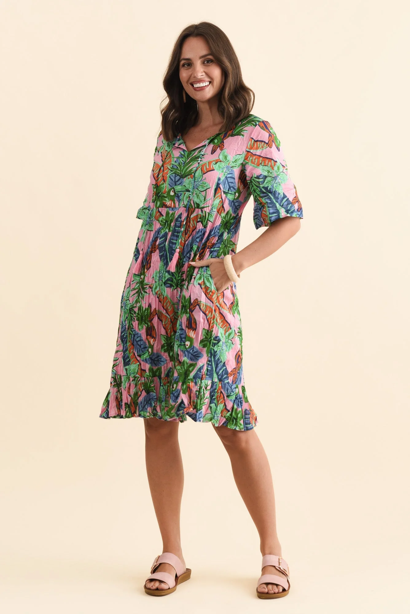 Mila Pink Jungle Crinkle Cotton Dress - Image 2