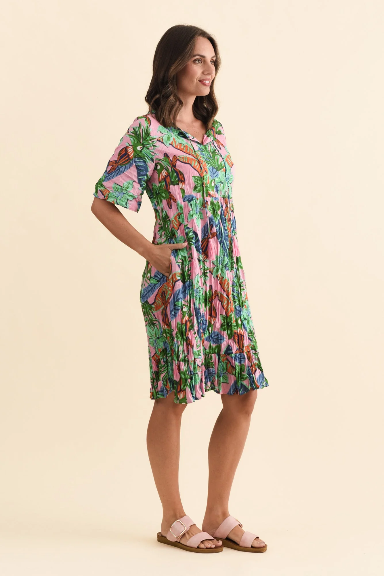 Mila Pink Jungle Crinkle Cotton Dress - Image 3