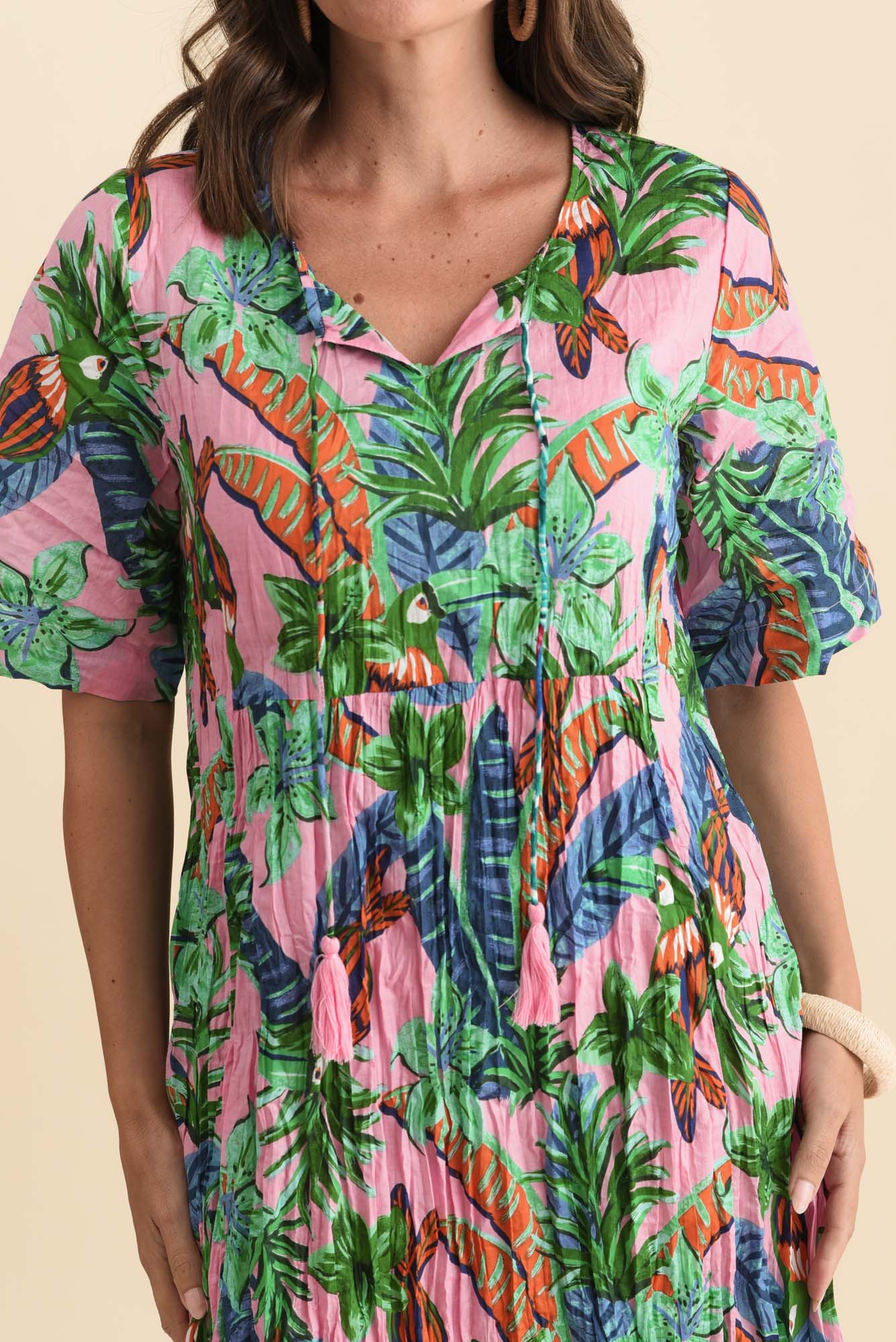 Mila Pink Jungle Crinkle Cotton Dress - Image 5