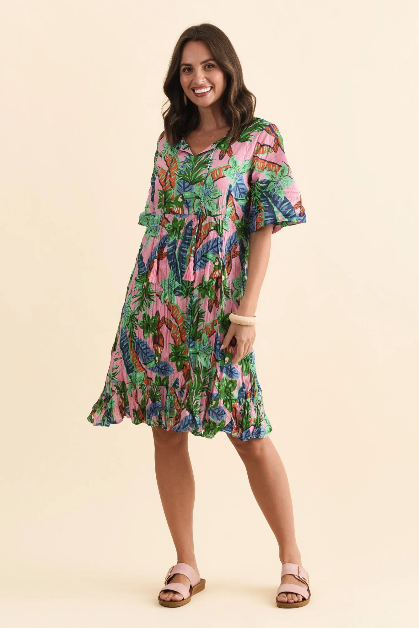 Mila Pink Jungle Crinkle Cotton Dress - Image 6
