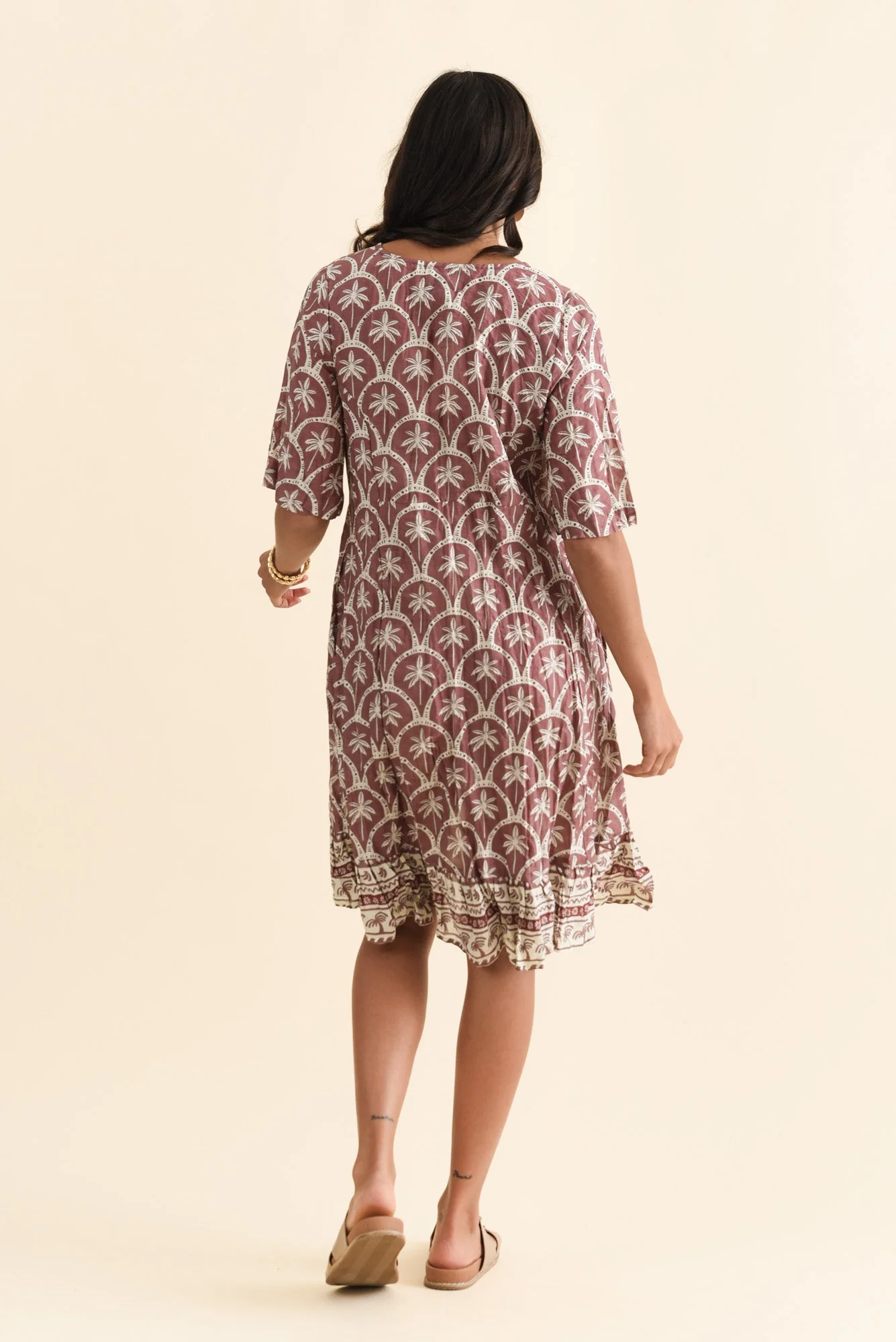 Mila Taupe Palm Crinkle Cotton Dress - Image 4