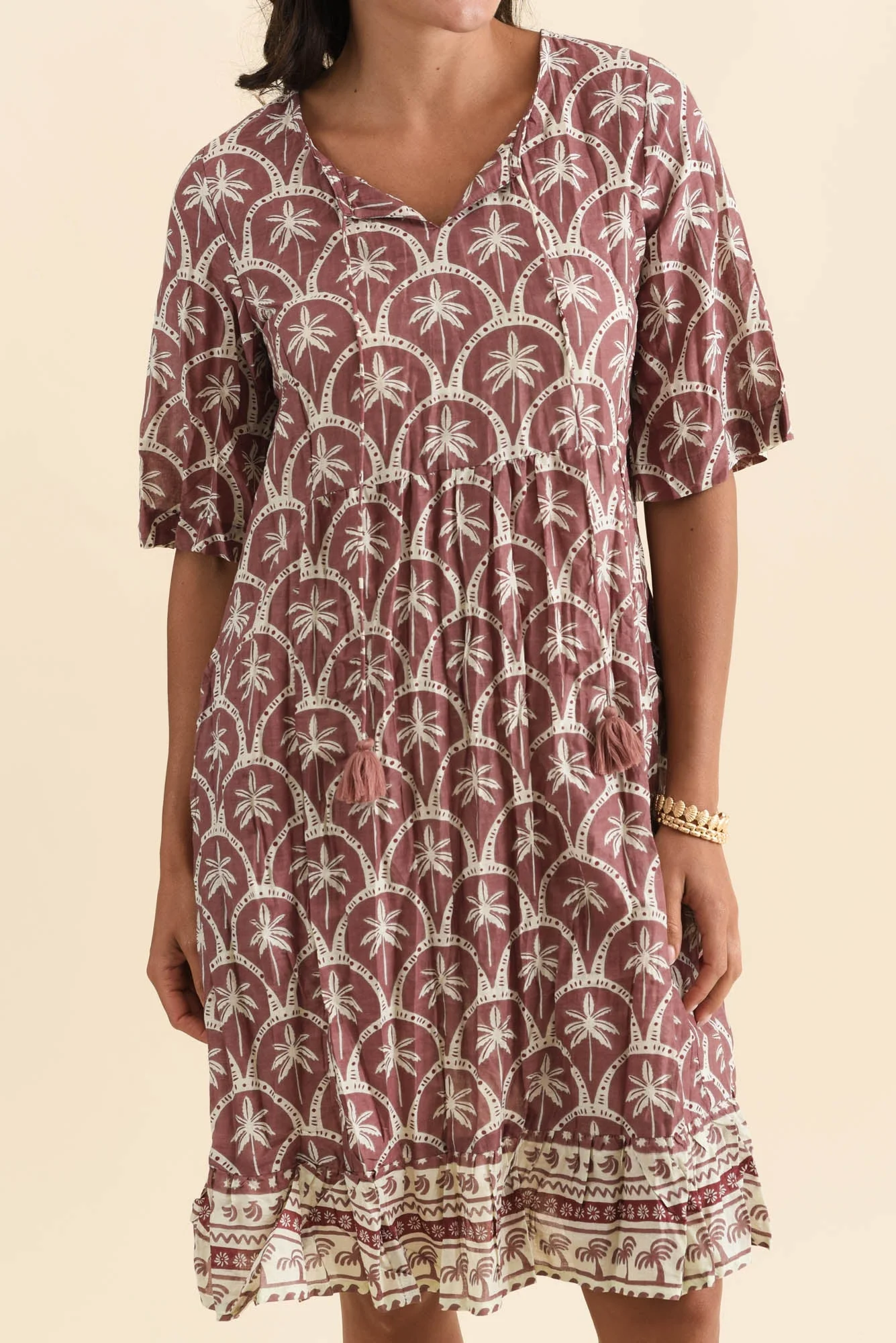 Mila Taupe Palm Crinkle Cotton Dress - Image 5