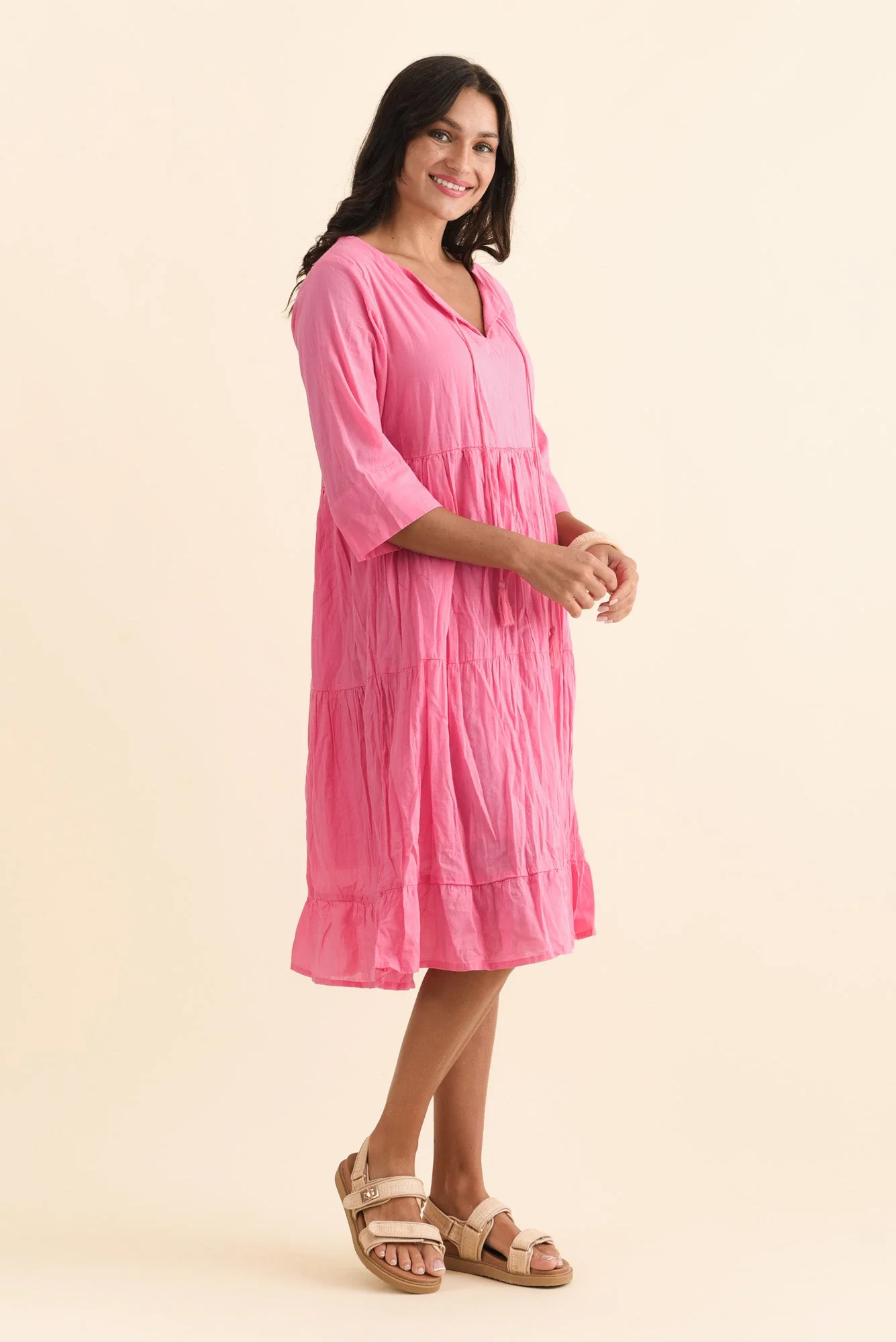 Milana Bright Pink Crinkle Cotton Dress - Image 3