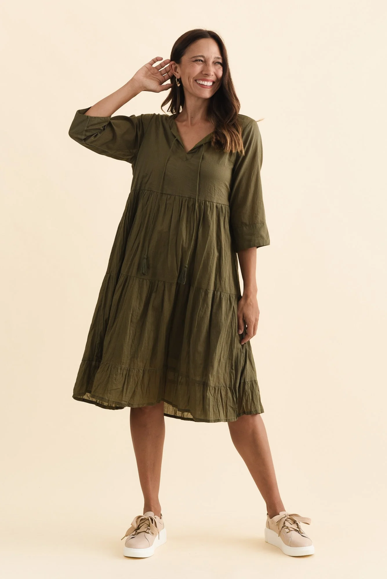 Milana Khaki Crinkle Cotton Dress - Image 3