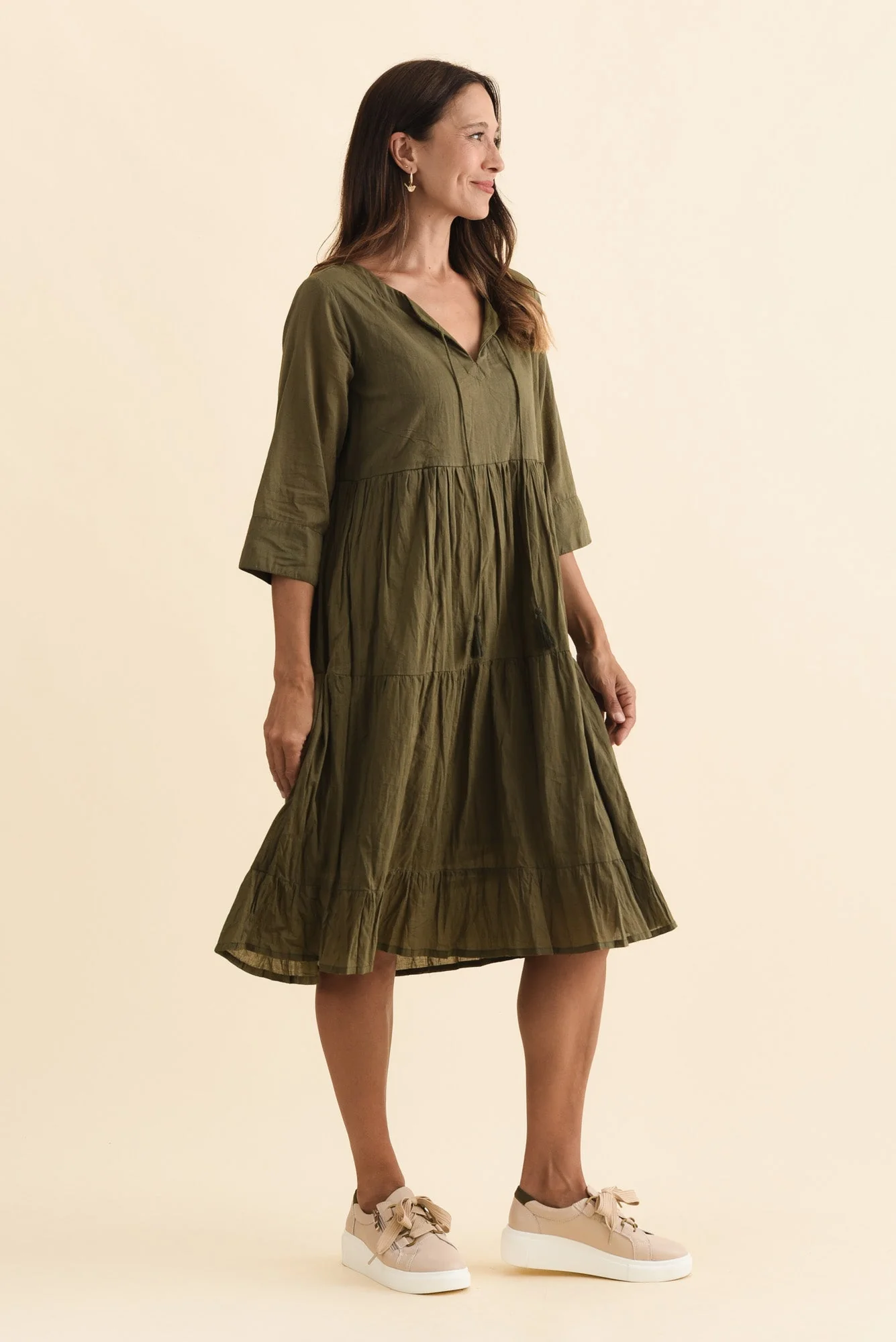 Milana Khaki Crinkle Cotton Dress - Image 4