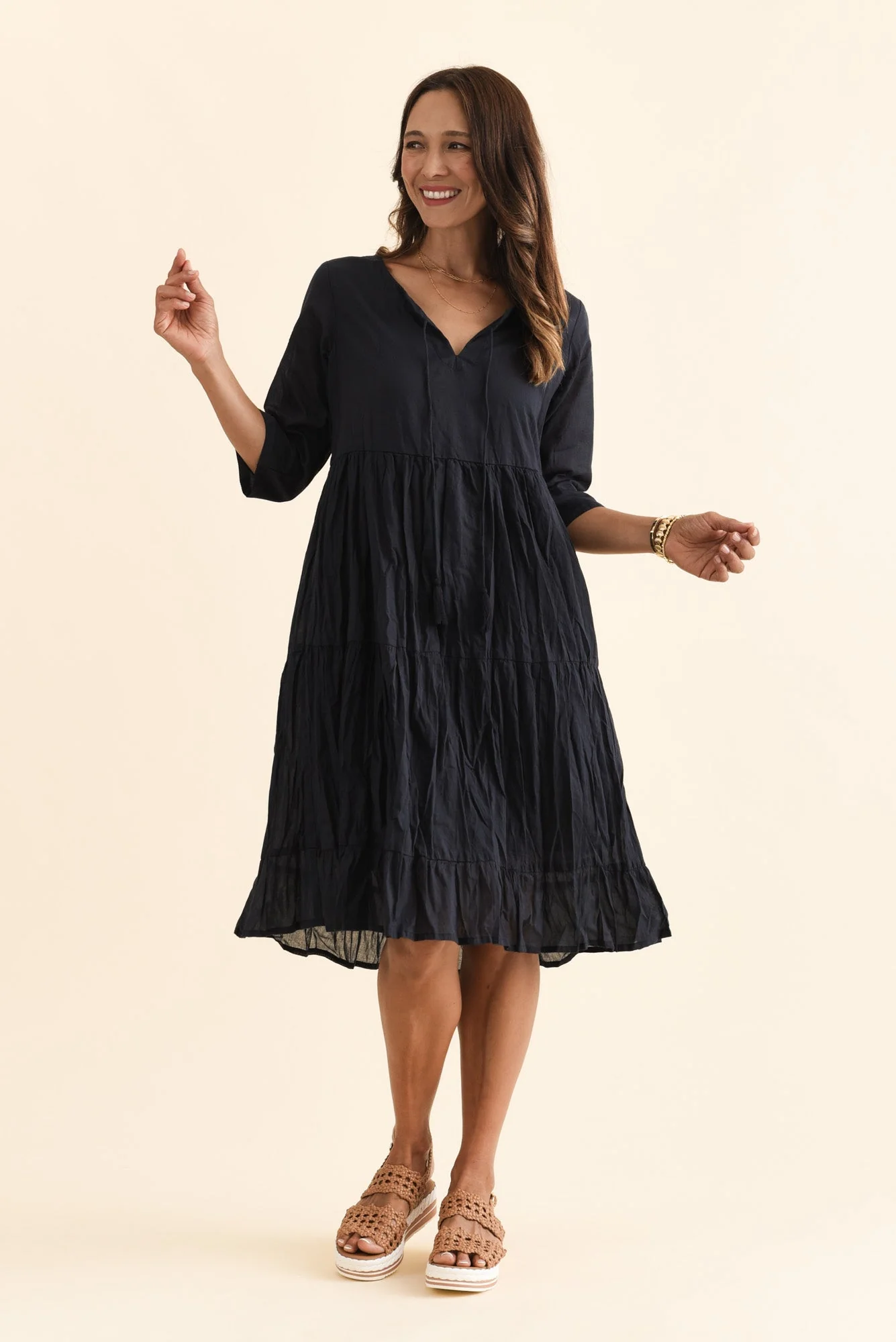 Milana Navy Crinkle Cotton Dress - Image 3
