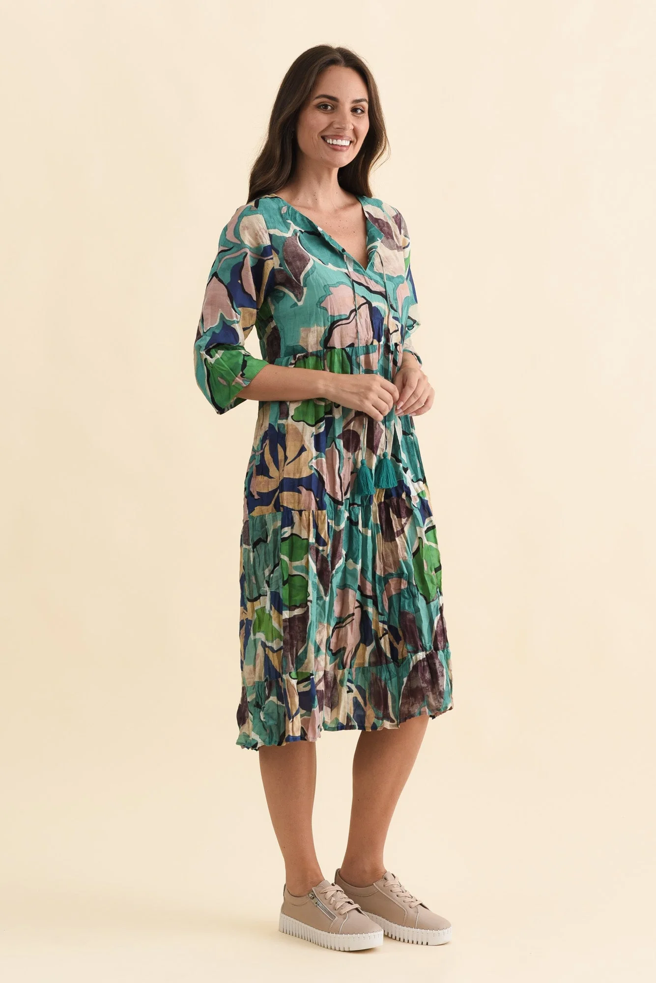 Milana Teal Foliage Crinkle Cotton Dress - Image 3