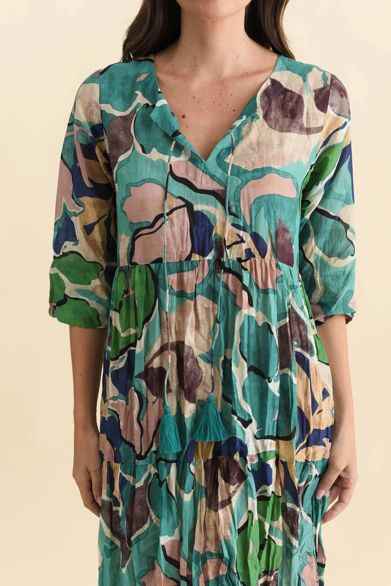 Milana Teal Foliage Crinkle Cotton Dress - Image 5