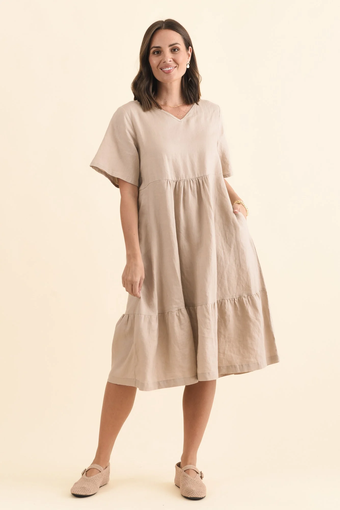 Miller Beige Linen Tiered Dress - Image 6