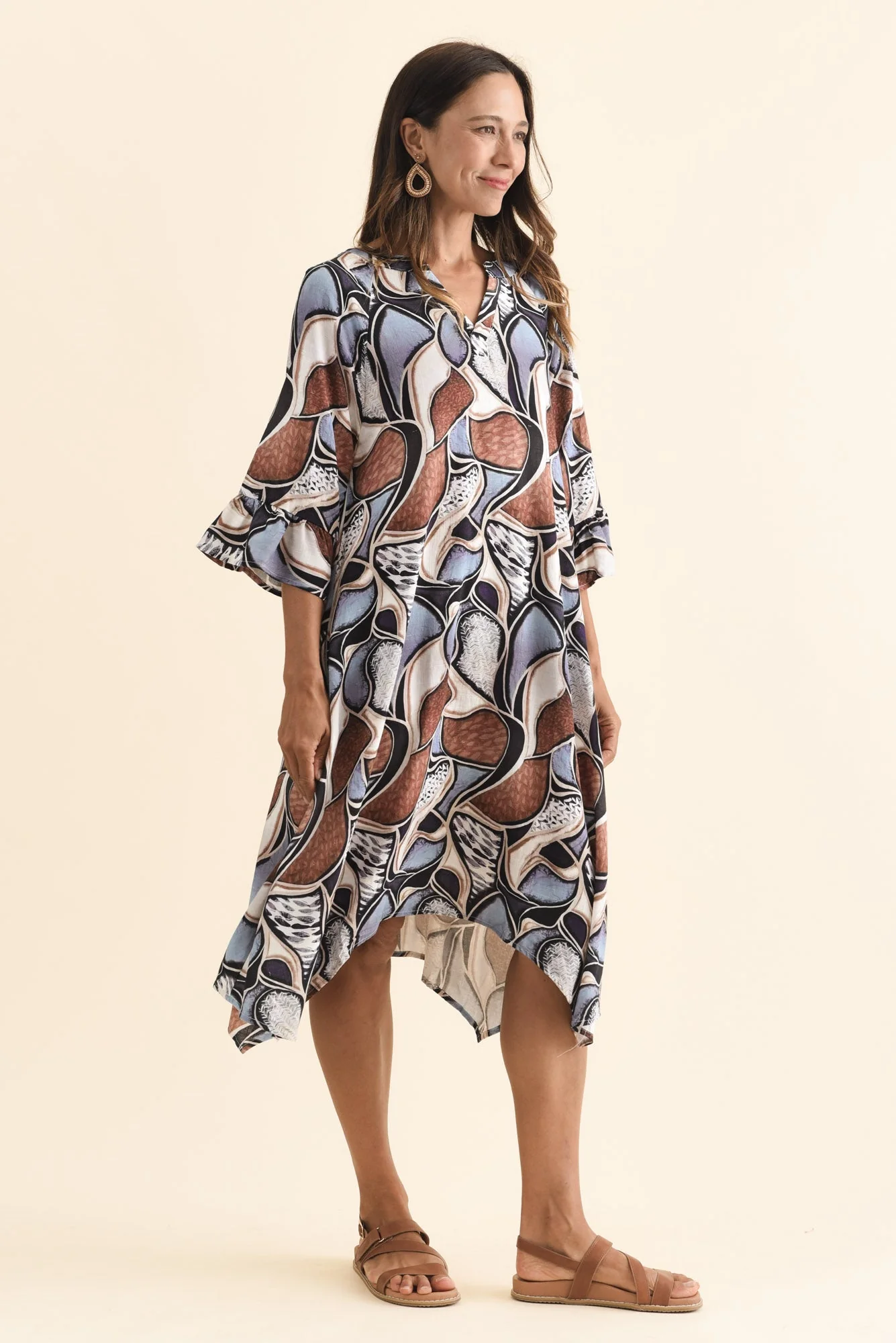 Millicent Blue Abstract Linen Cotton Dress - Image 3