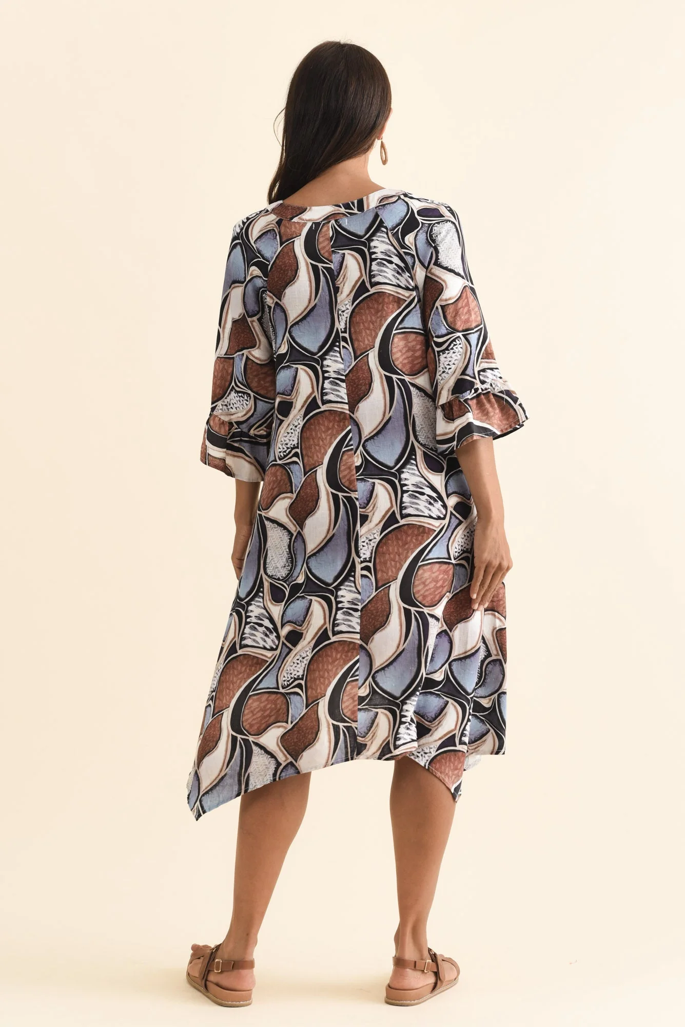 Millicent Blue Abstract Linen Cotton Dress - Image 4