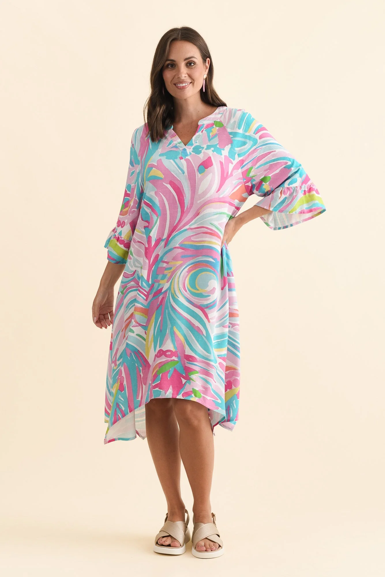 Millicent Pink Swirl Linen Cotton Dress - Image 2