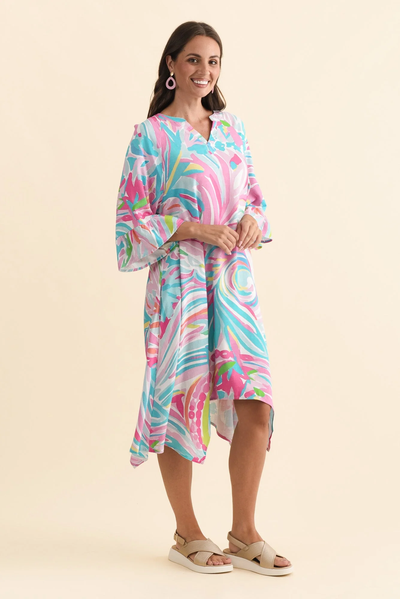 Millicent Pink Swirl Linen Cotton Dress - Image 3