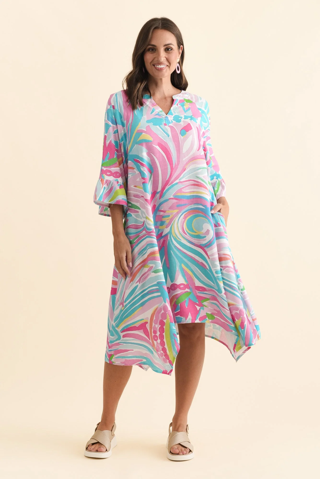 Millicent Pink Swirl Linen Cotton Dress - Image 6