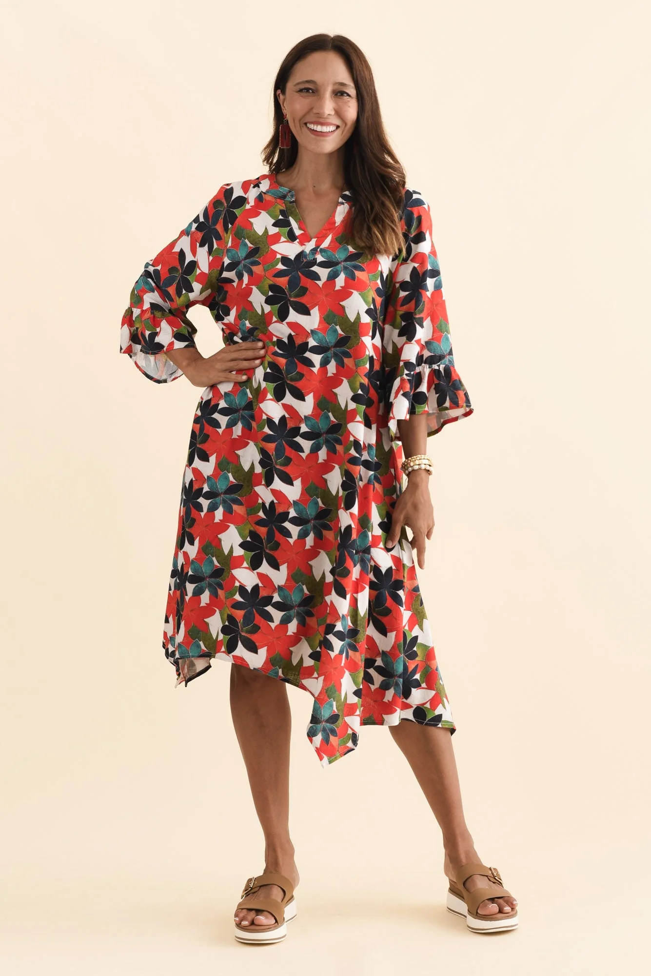 Millicent Red Leaf Linen Cotton Dress - Image 2