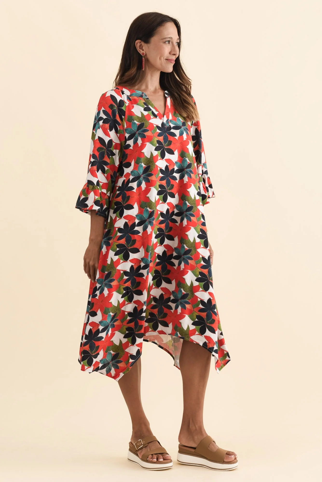 Millicent Red Leaf Linen Cotton Dress - Image 3