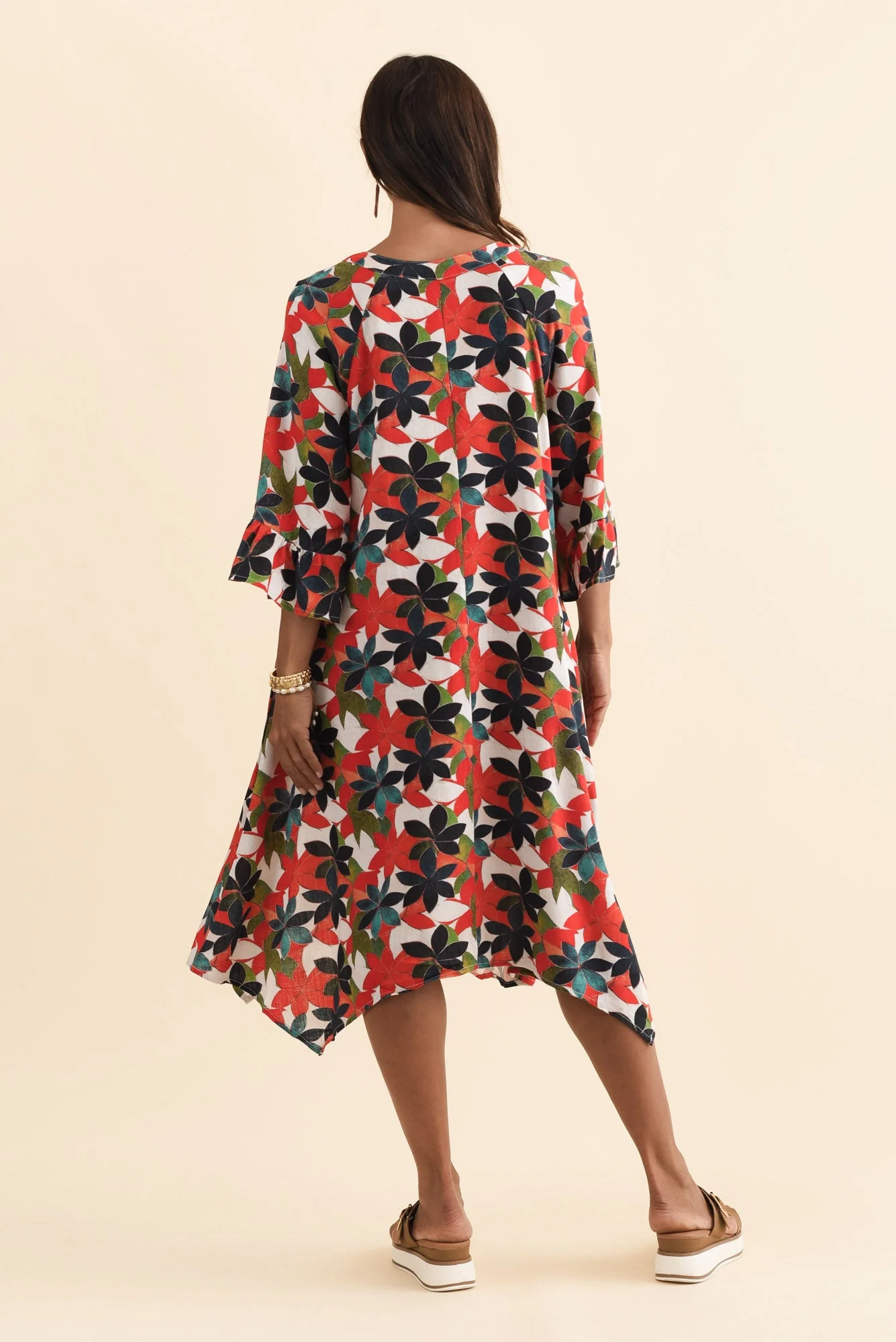 Millicent Red Leaf Linen Cotton Dress - Image 4