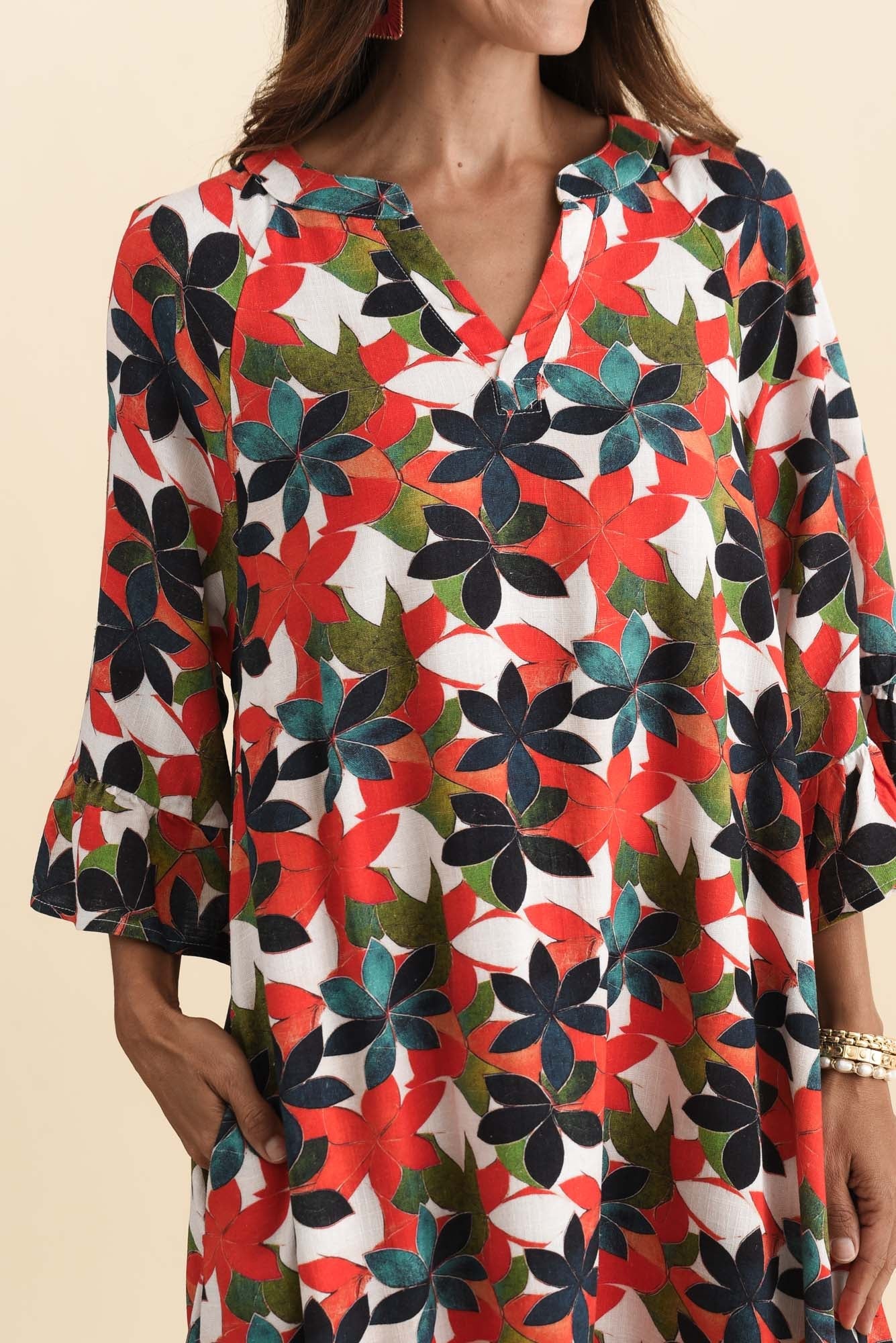 Millicent Red Leaf Linen Cotton Dress - Image 5