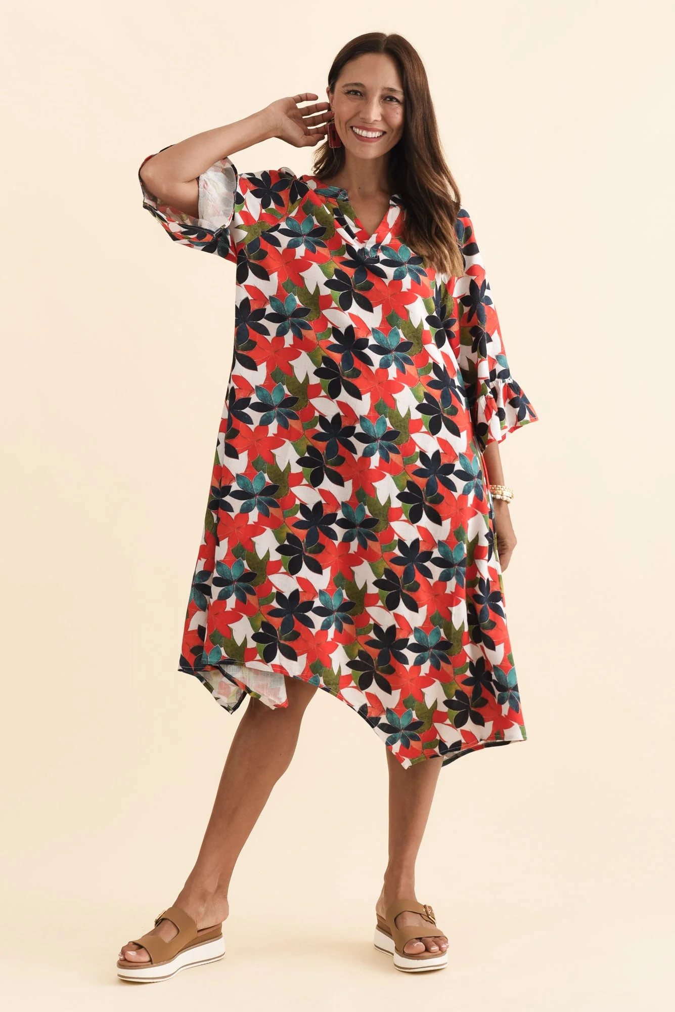 Millicent Red Leaf Linen Cotton Dress - Image 6