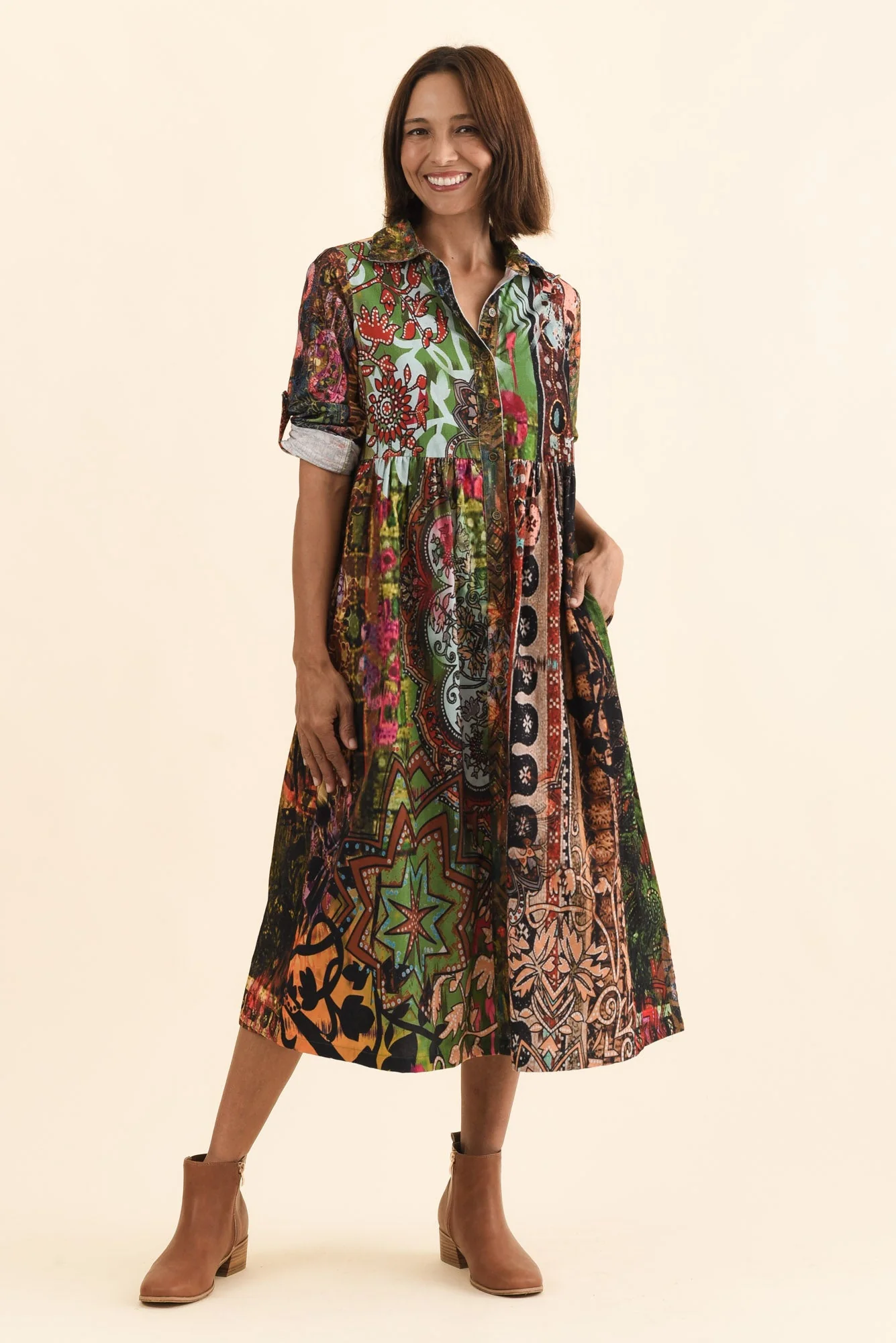 Minara Green Abstract Cotton Shirt Dress - Image 2