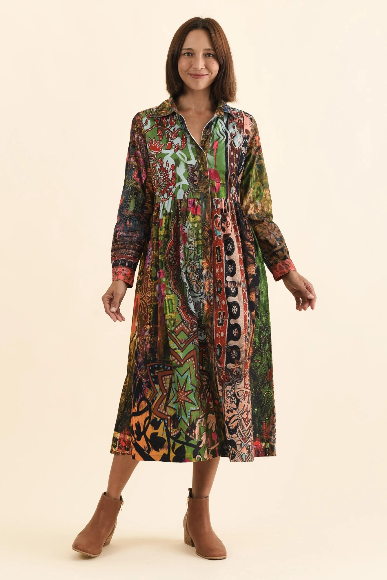Minara Green Abstract Cotton Shirt Dress - Image 6
