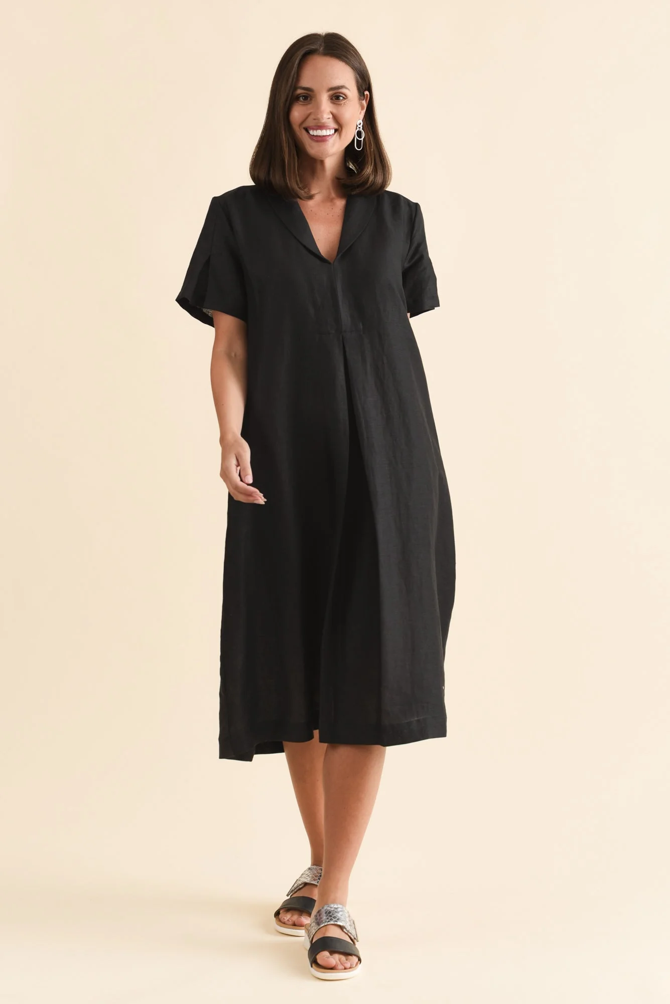 Miranda Black Linen Collared Dress - Image 2