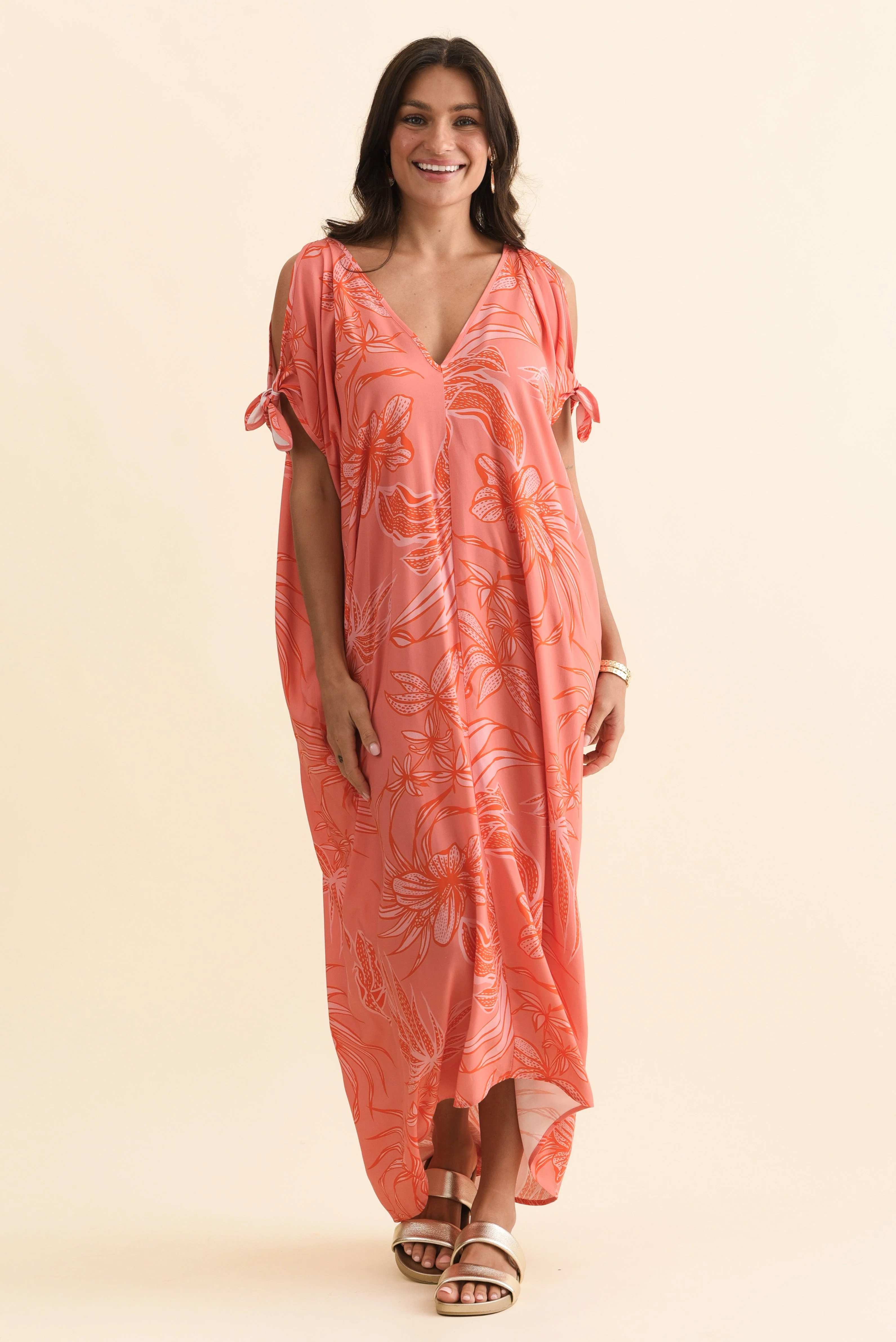 Miranda Pink Botanical Cold Shoulder Kaftan - Image 3