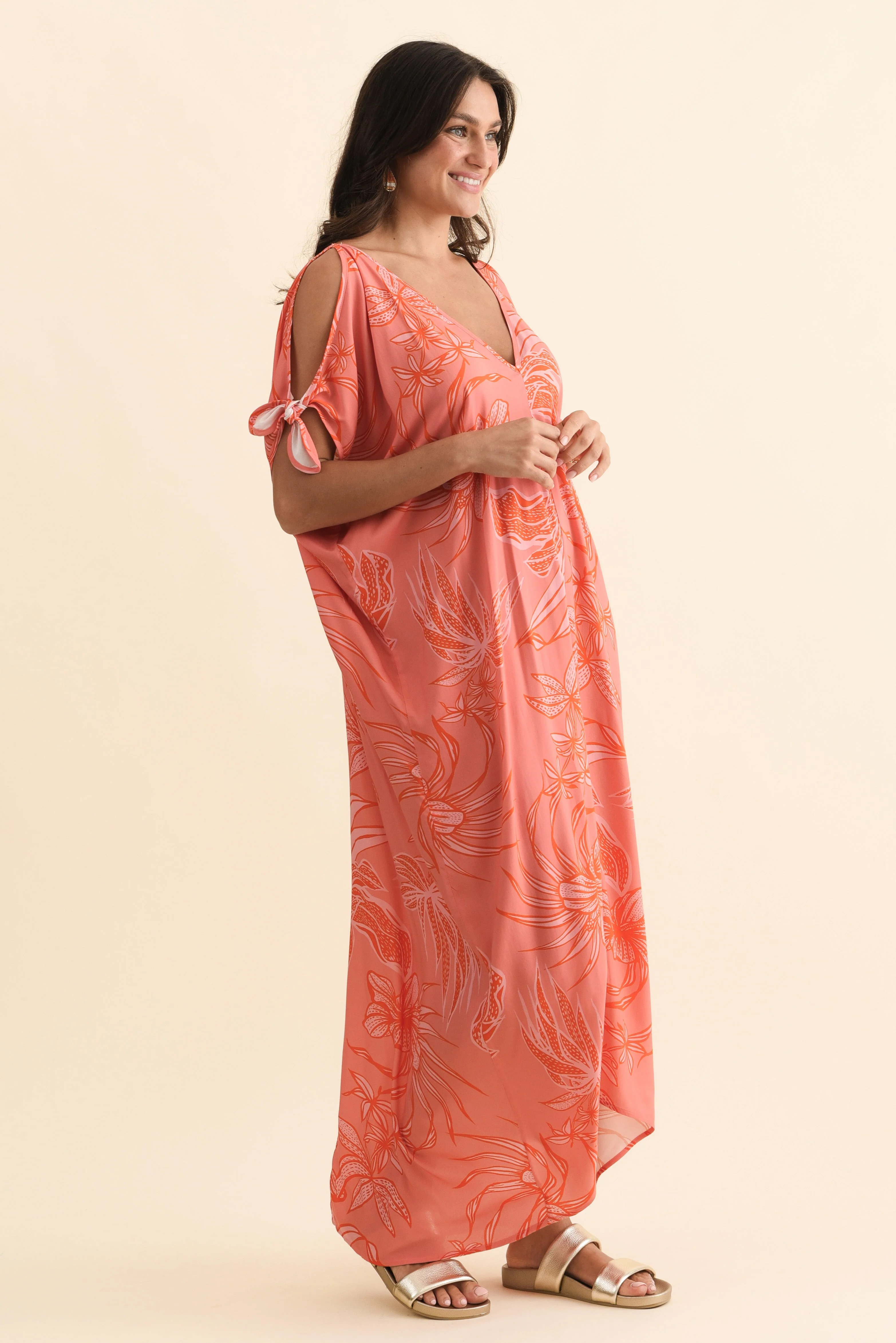 Miranda Pink Botanical Cold Shoulder Kaftan - Image 4