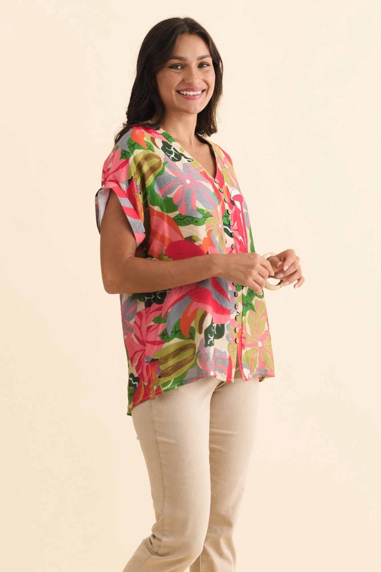 Miray Pink Hibiscus Button Top - Image 3