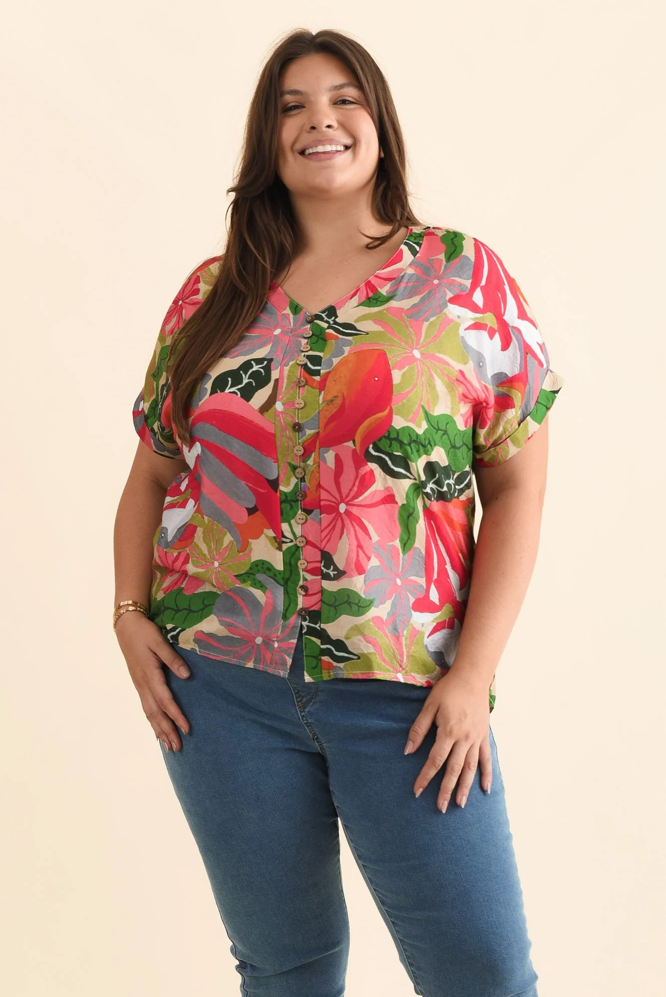 Miray Pink Hibiscus Button Top - Image 7