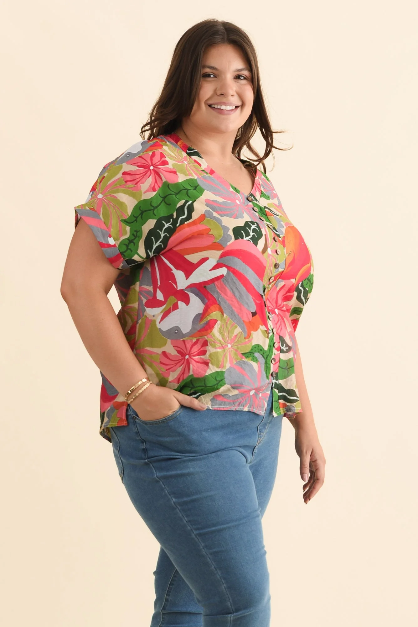 Miray Pink Hibiscus Button Top - Image 9