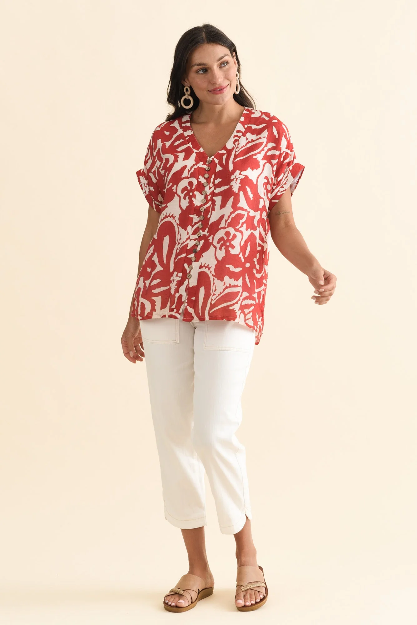 Miray Red Tropical Button Top - Image 2