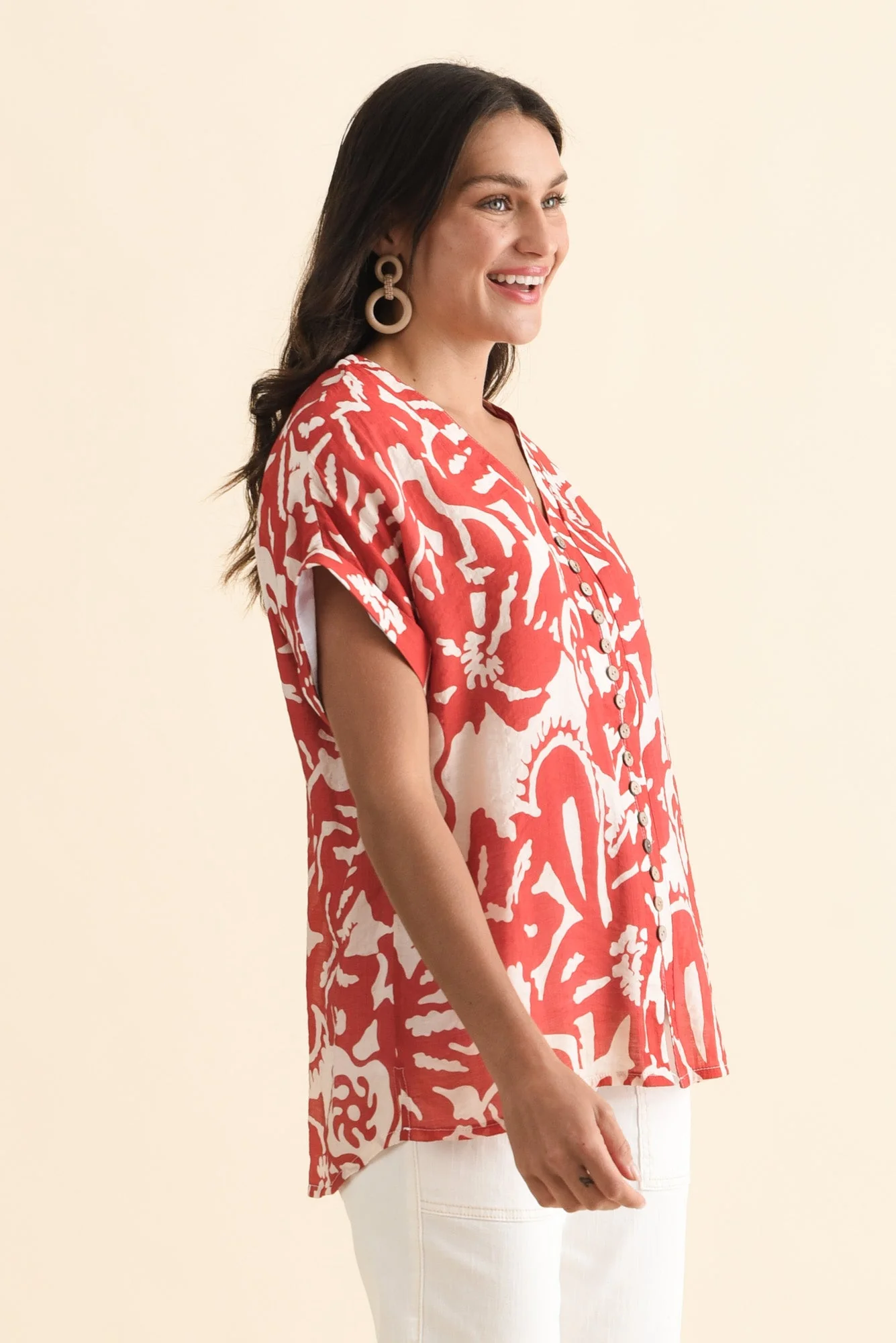 Miray Red Tropical Button Top - Image 3