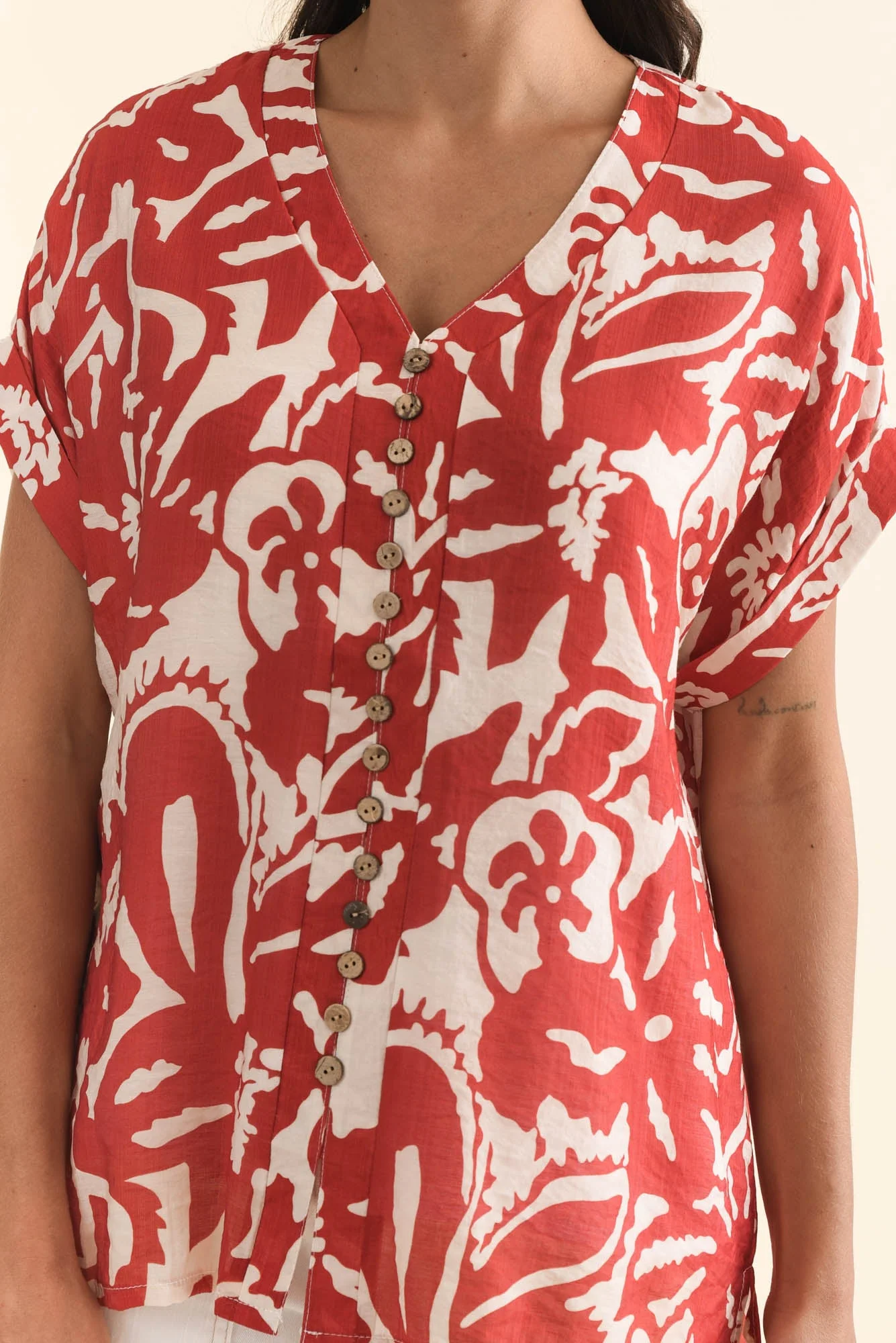 Miray Red Tropical Button Top - Image 5