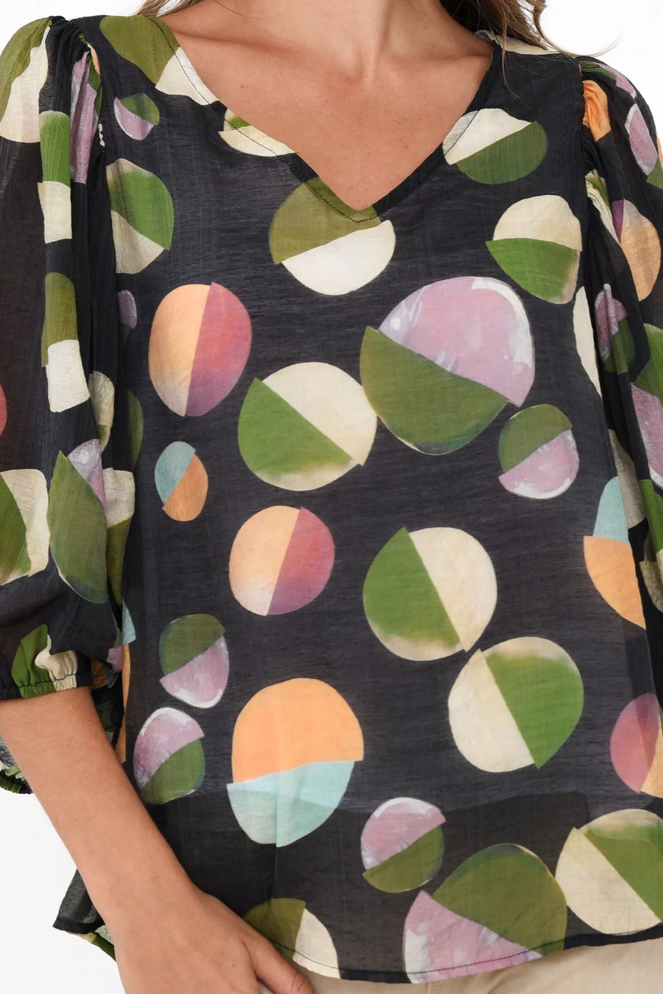 Misma Navy Spot V Neck Top - Image 3