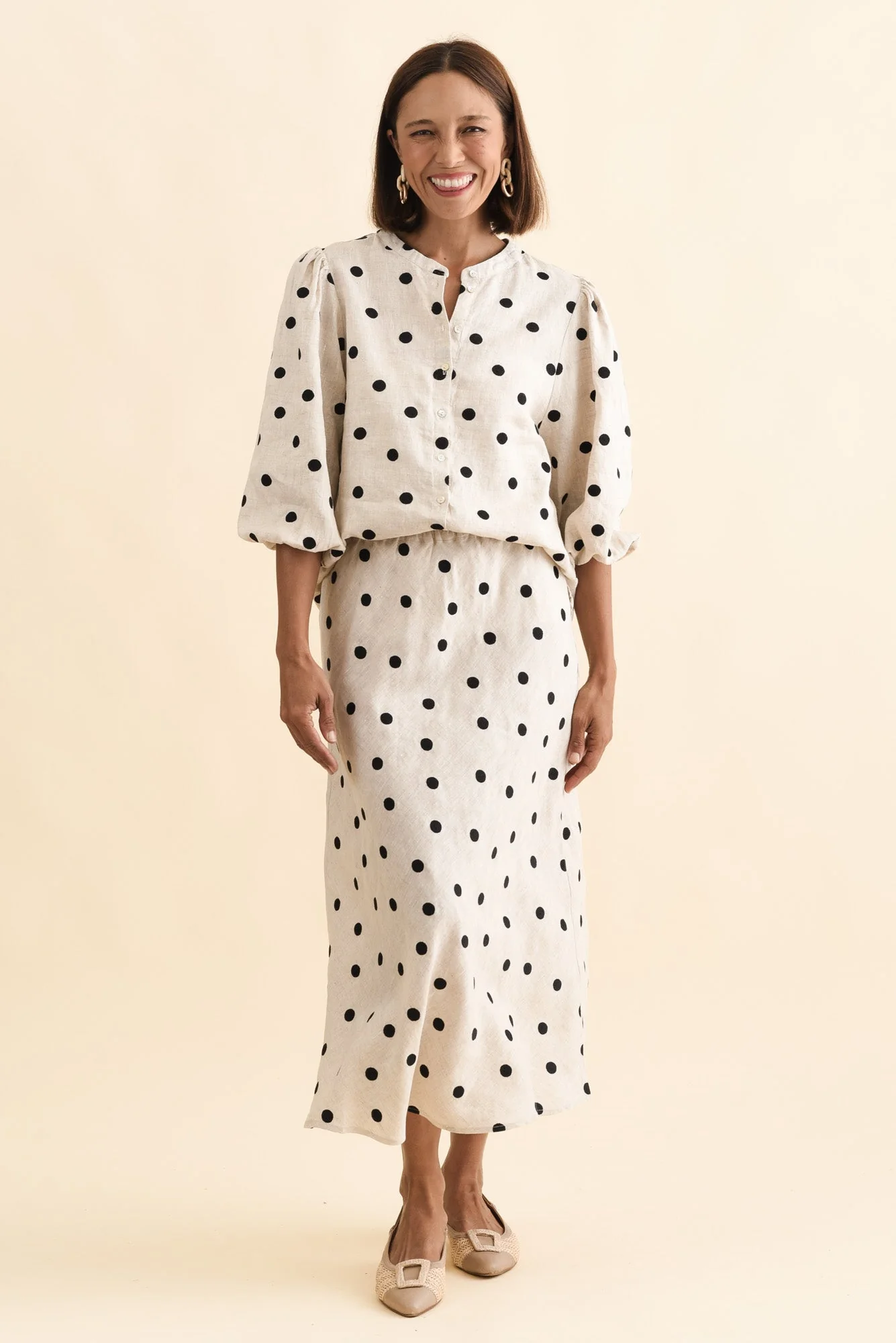 Modena Beige Spot Linen Midi Skirt - Image 2