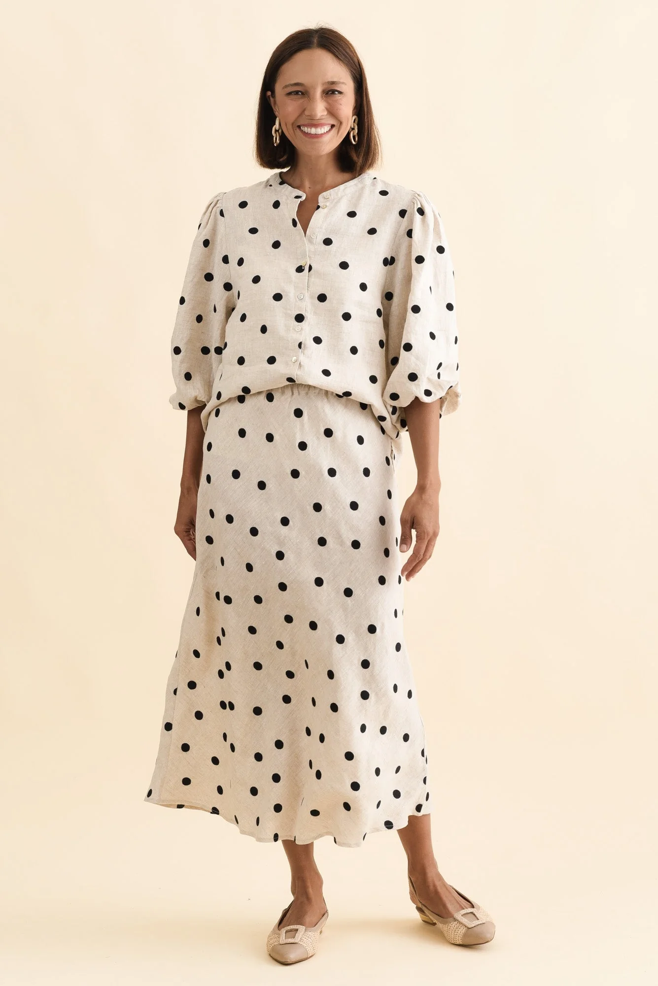 Modena Beige Spot Linen Midi Skirt - Image 6