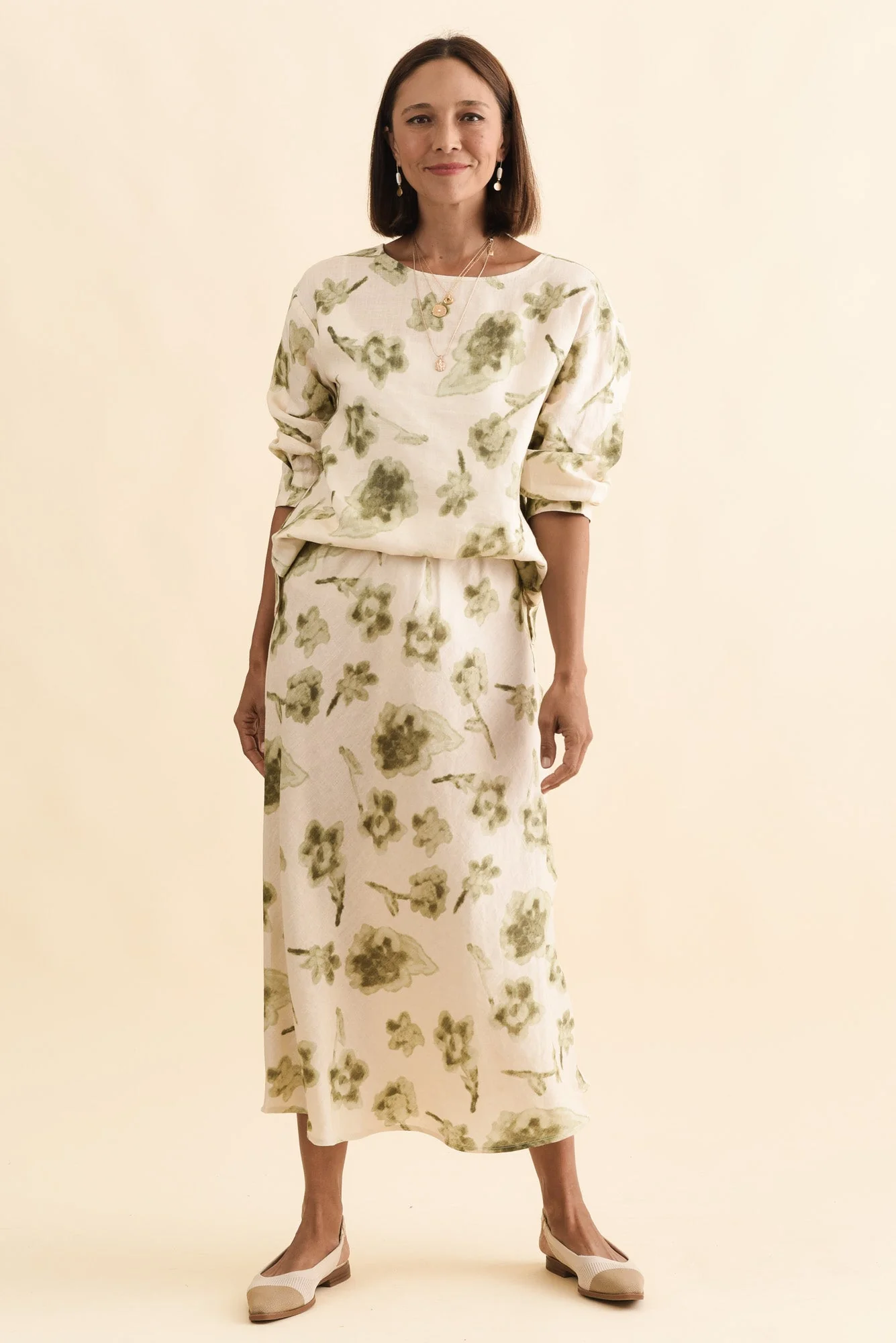 Modena Cream Floral Linen Midi Skirt - Image 2