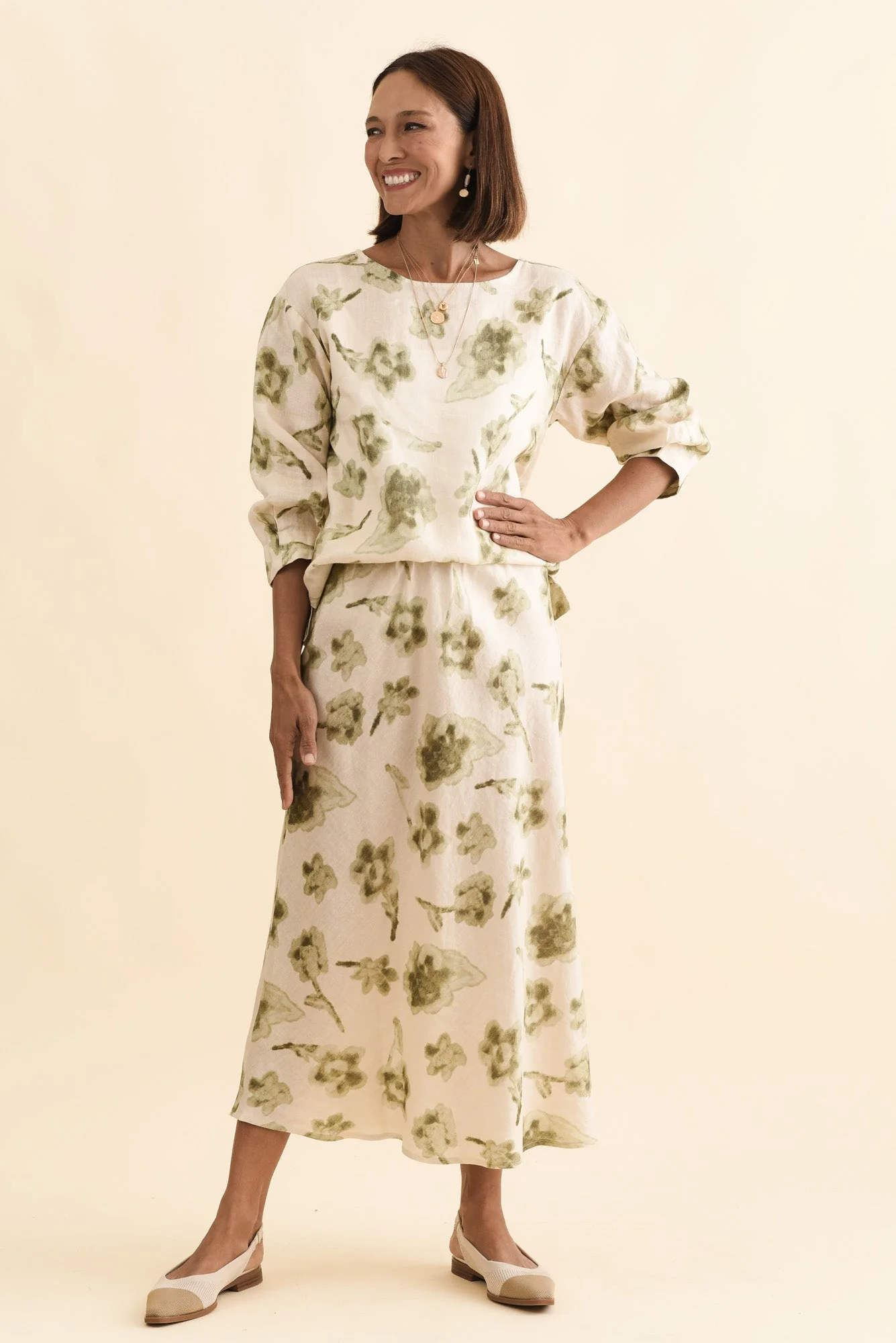 Modena Cream Floral Linen Midi Skirt - Image 6
