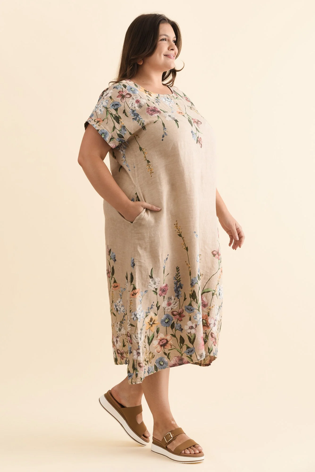Morrison Beige Floral Linen Pocket Dress - Image 10